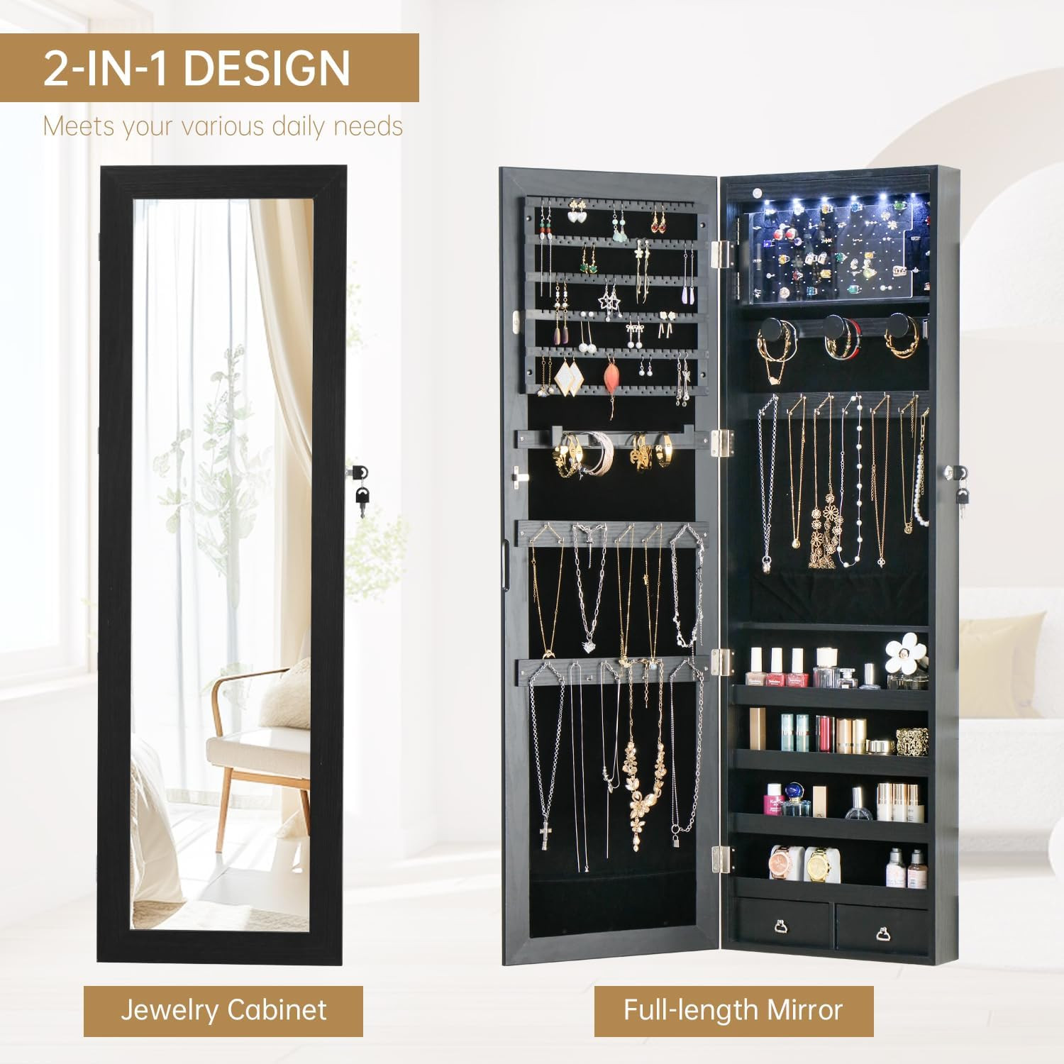 LED Jewelry Armoire with Mirror – Wall Mounted Storage Cabinet in Black