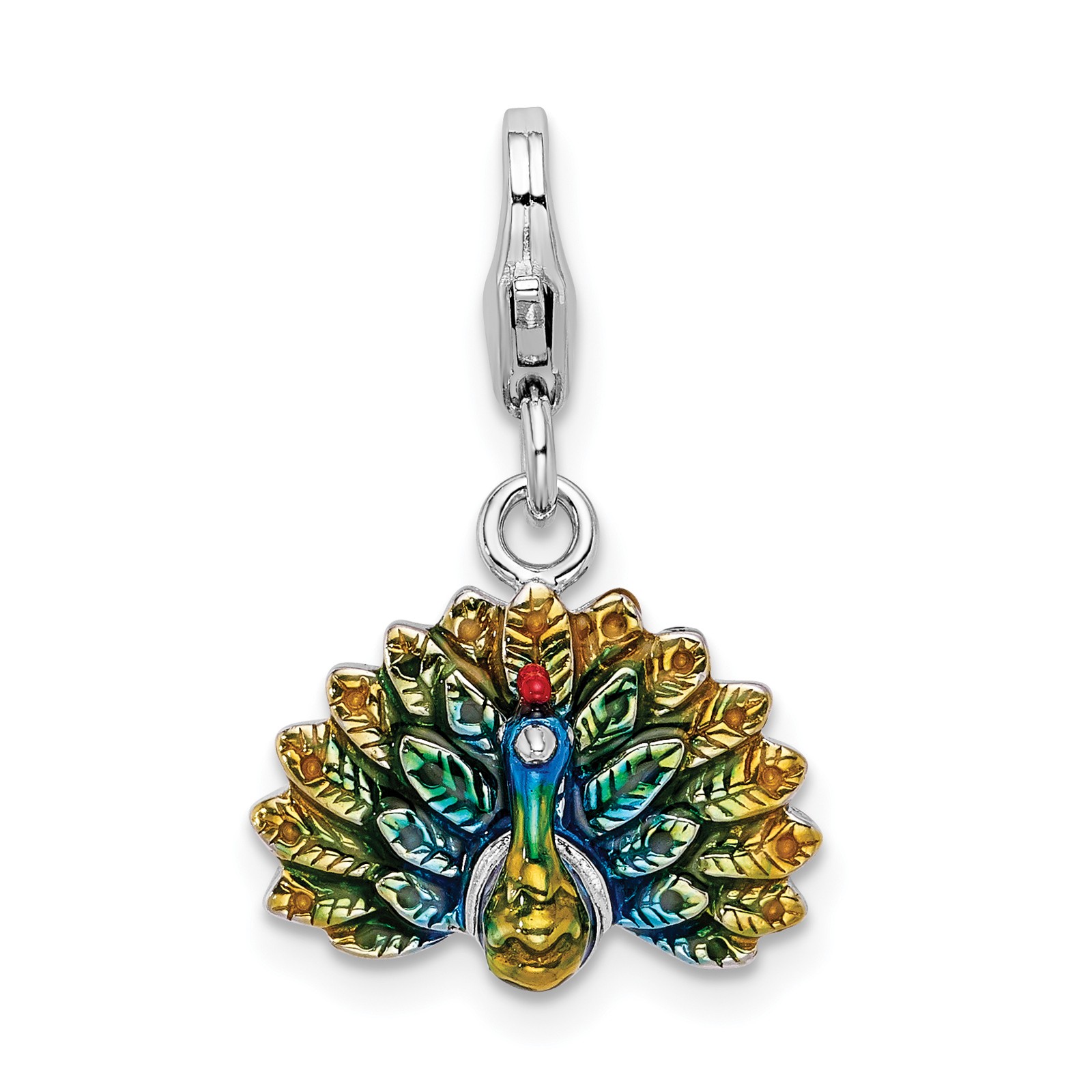 Amore La Vita Silver Polished 3-D Enameled Peacock Charm with Fancy Lobster Cla