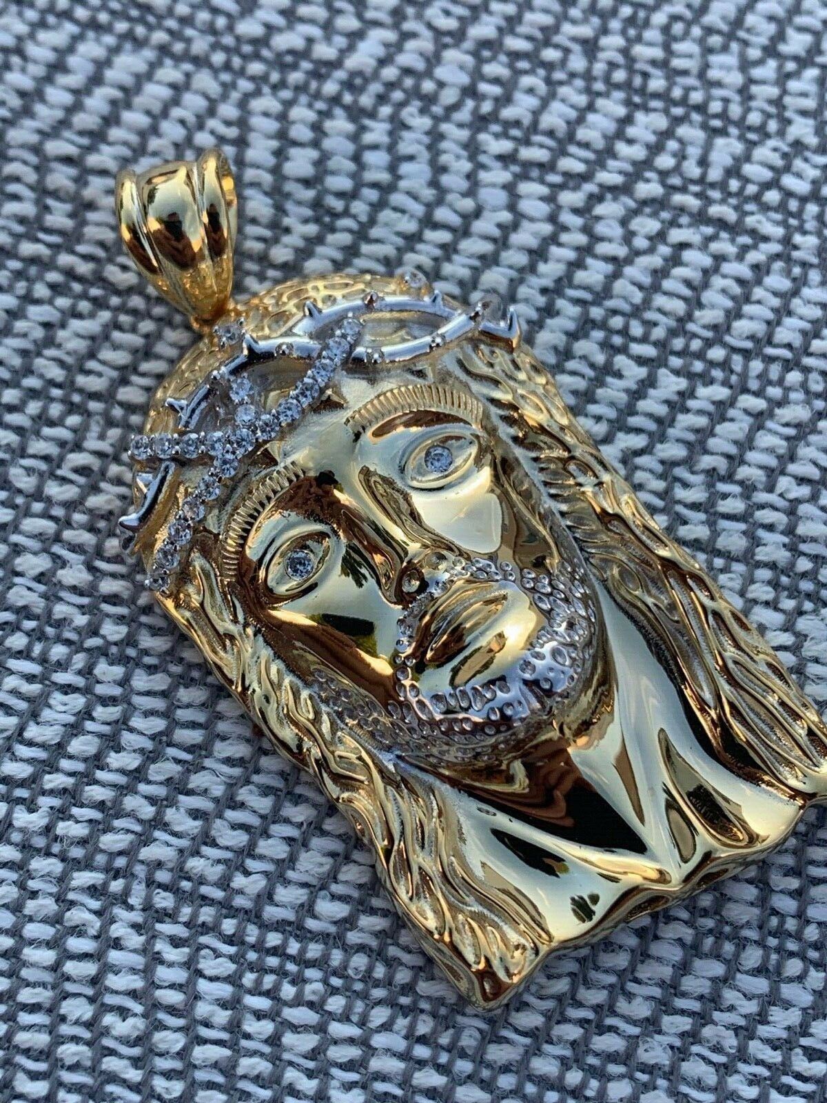 Solid 925 Silver 14k Gold Plated Jesus Piece ITALY Necklace HIP HOP Real Iced