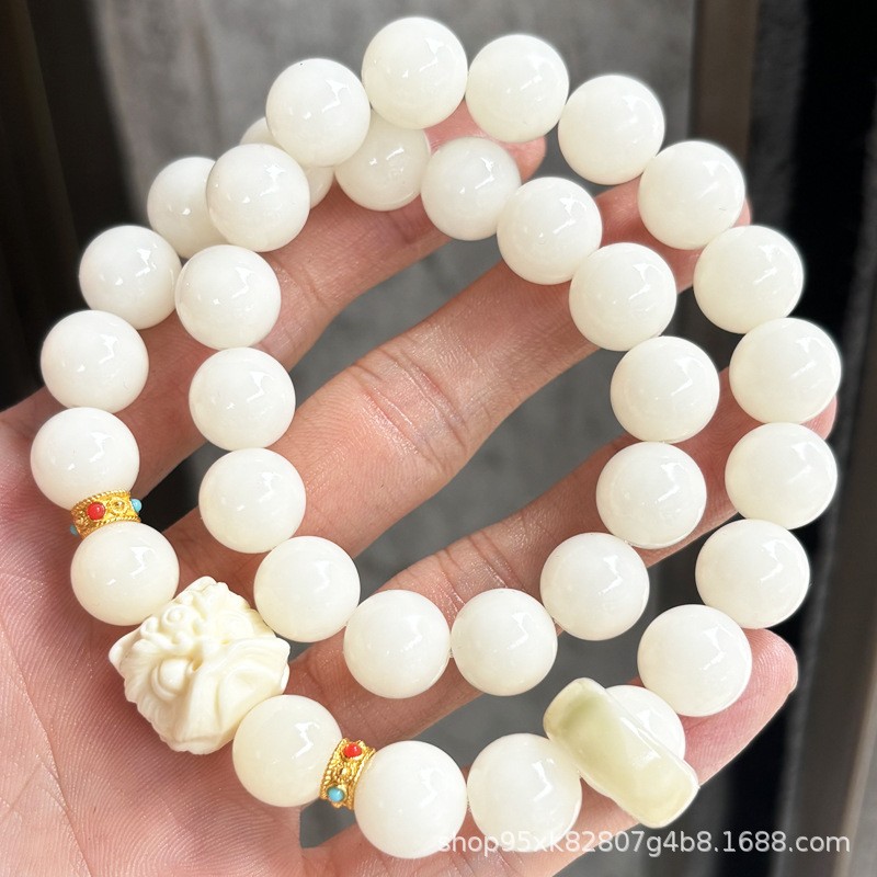 Mala Beads White Jade Bodhi Round Prayer Bead Bracelet for Men and Women