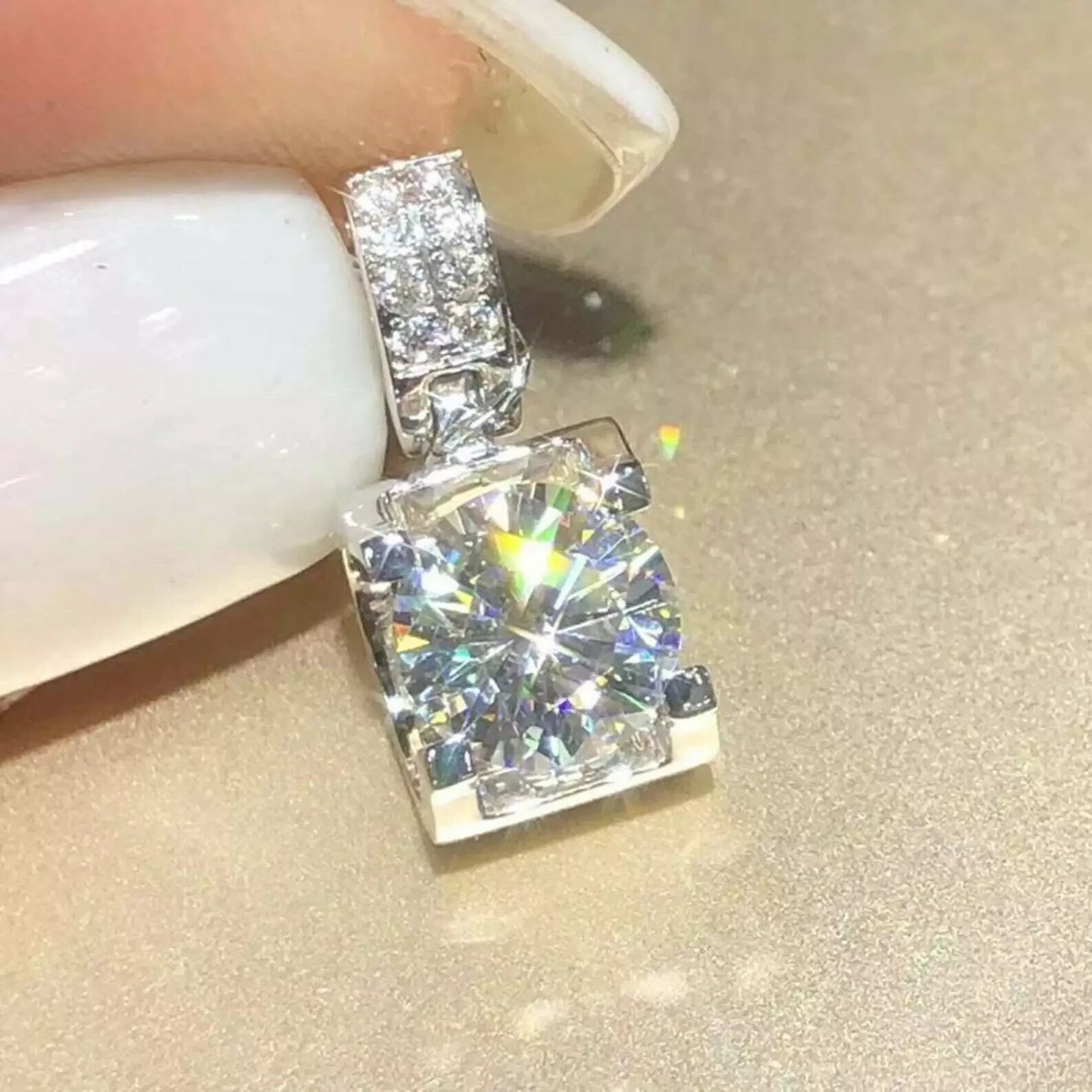2Ct Lab Created Diamond V Prong Solitaire Pendant 14K White Gold Over