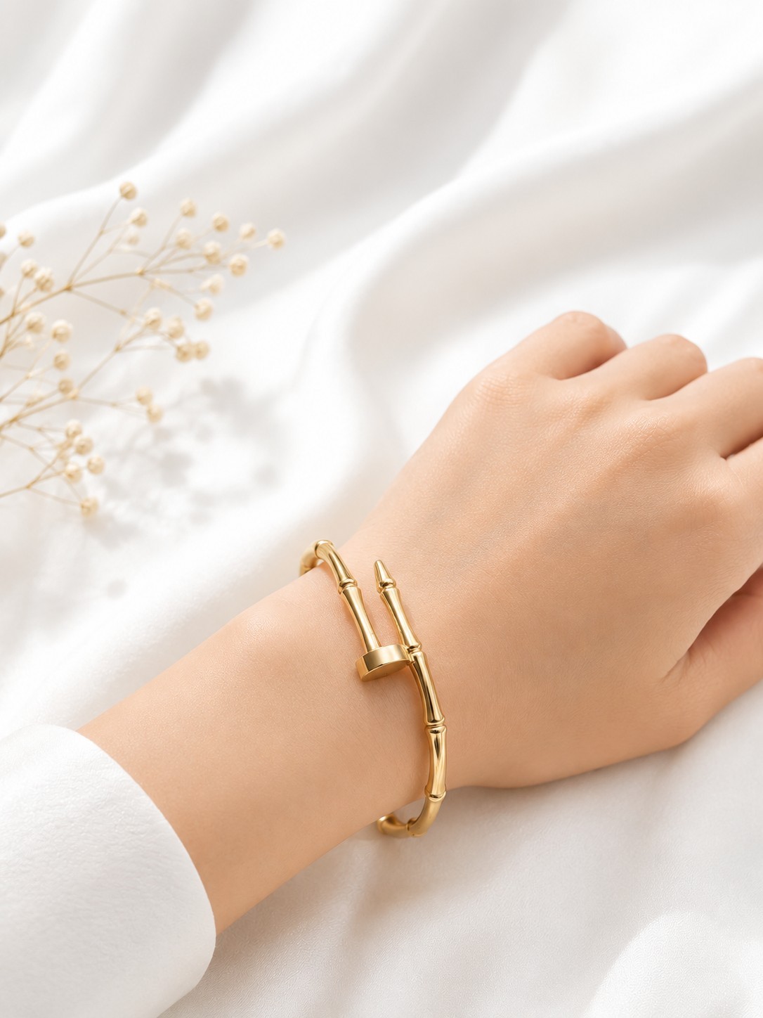 Gold-Tone Bamboo Style Nail Cuff Bangle Bracelet Open Metal No Stone