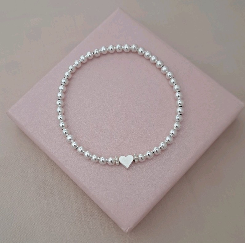 Personalised Initial Heart Bracelet Set Silver Bead Stacking Gift Women