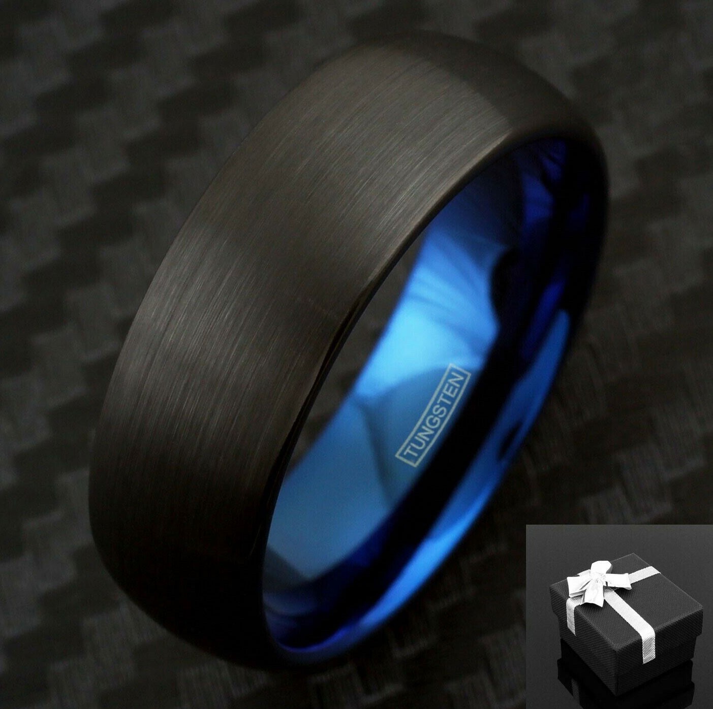 8mm Dome Brushed Blue Black Tungsten Ring Wedding Band Bridal Men’s Jewelry TW