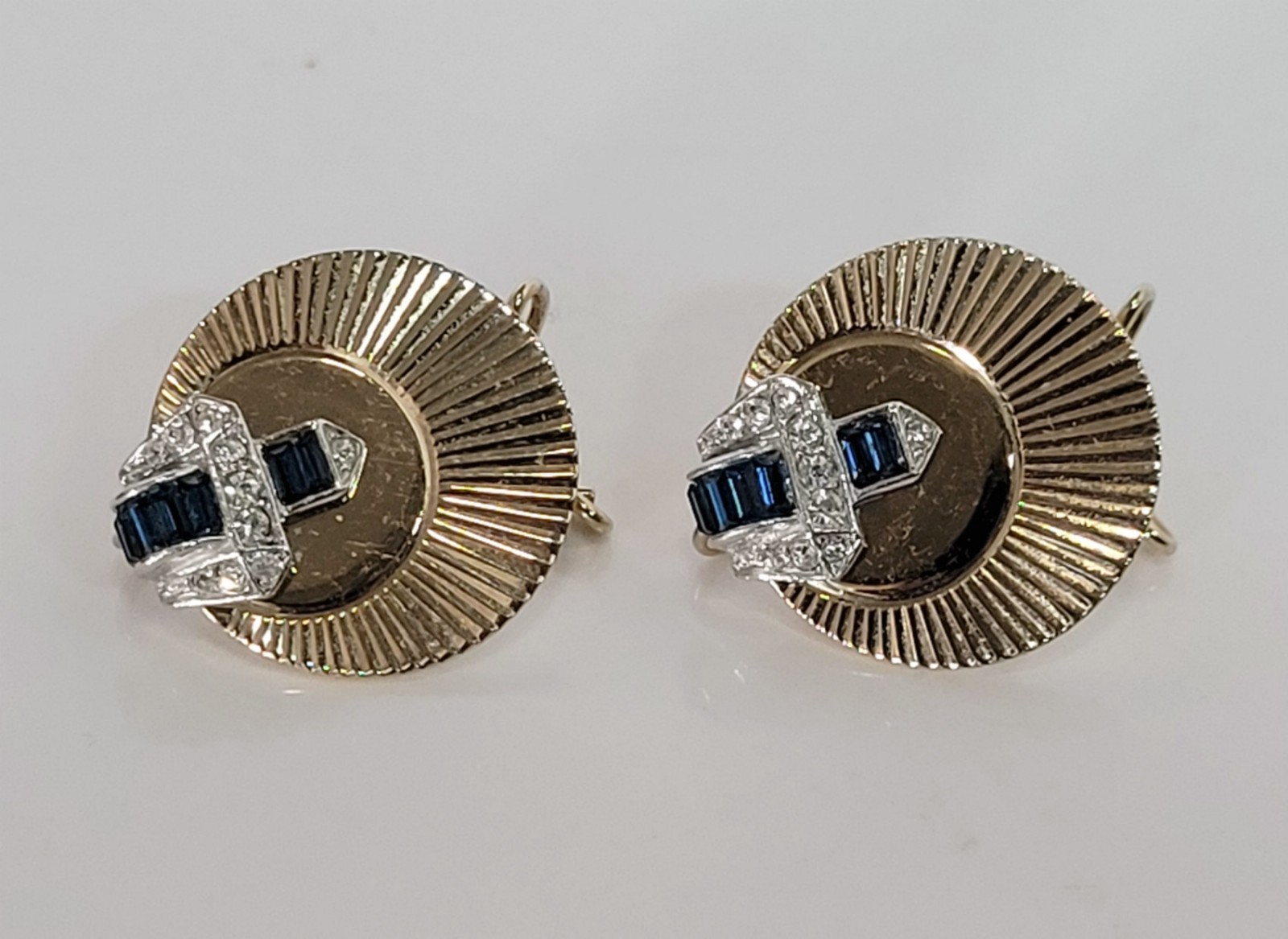 Boucher Rhinestone Earrings blue gold tone wingback vintage