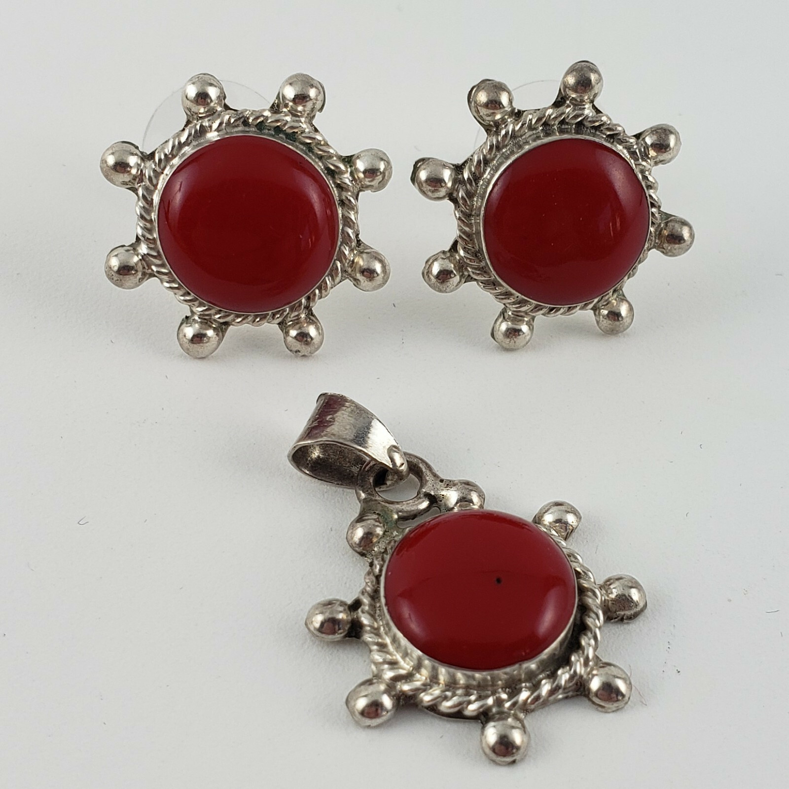 Sterling Mexican Set Earrings & Pendant with Red Simulates 12.0g [6828]