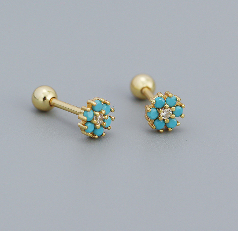 925 Sterling Silver Tiny Flower Turquoise CZ Screw Back Stud Earrings 5mm K36A