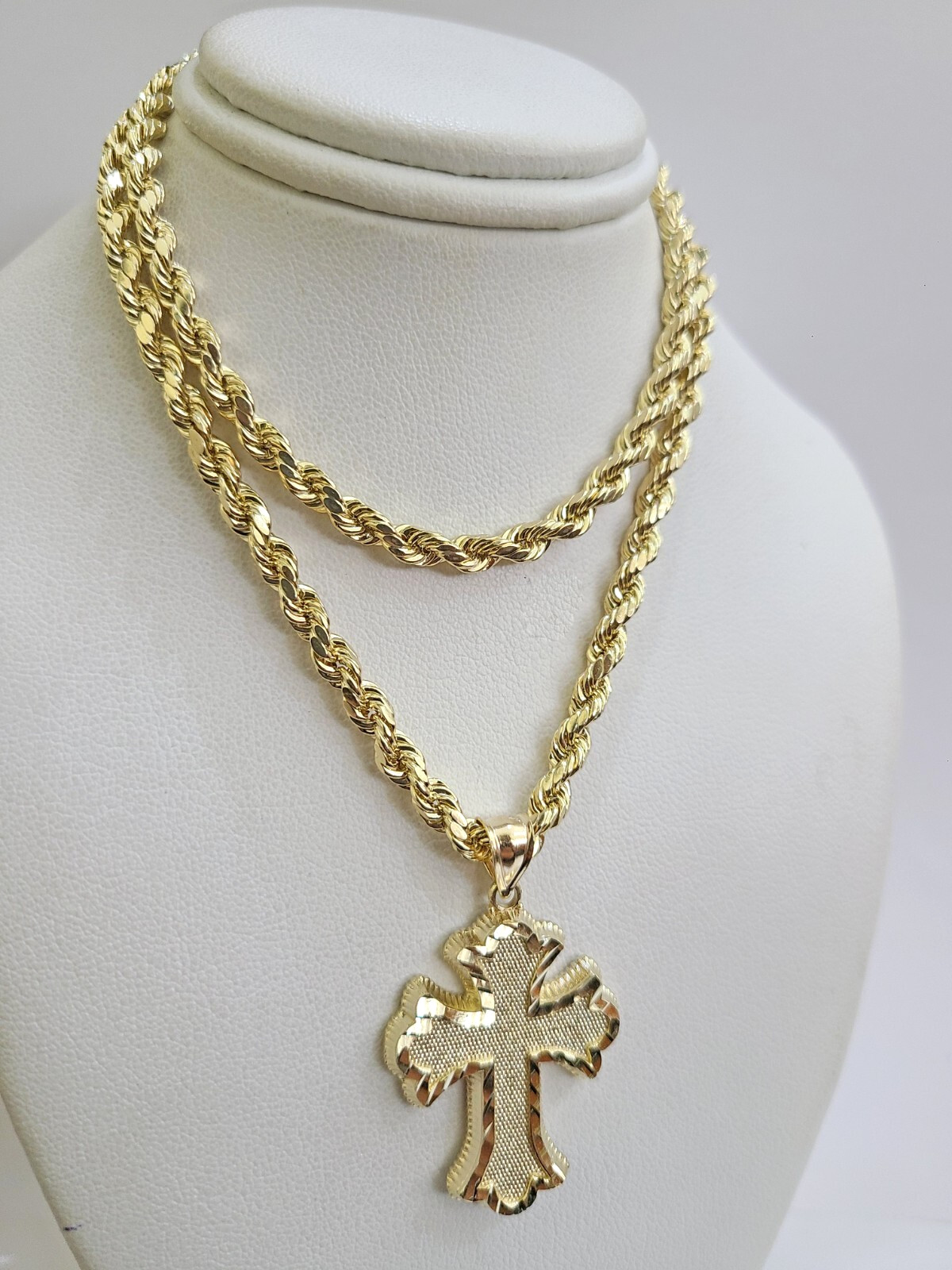 REAL 10k Jesus Cross Charm Rope Chain Pendant 4mm Necklace Set 18″-28″ in