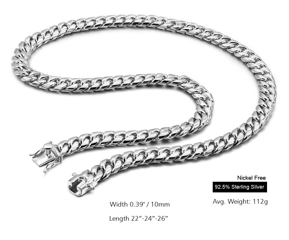925 Sterling Silver Solid Miami Cuban Link Chain Men’s Necklace 10mm 22″ 24″ 26″