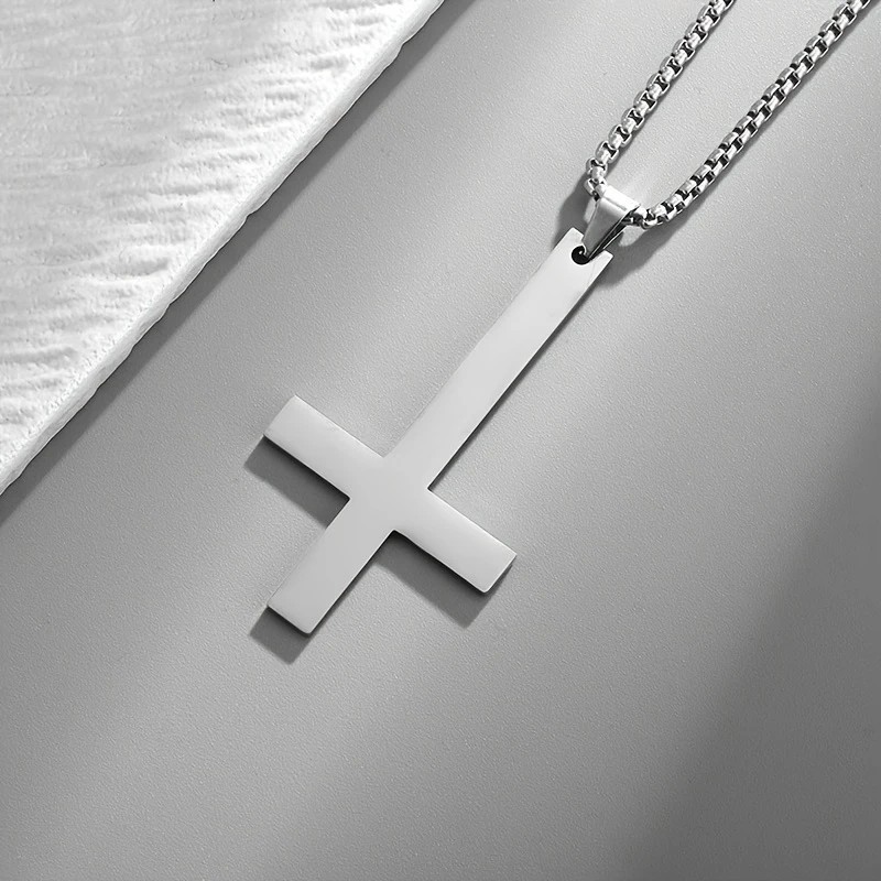 Silver Saint Peter’s Cross Necklace Inverted Stainless Steel Pendant Punk Goth