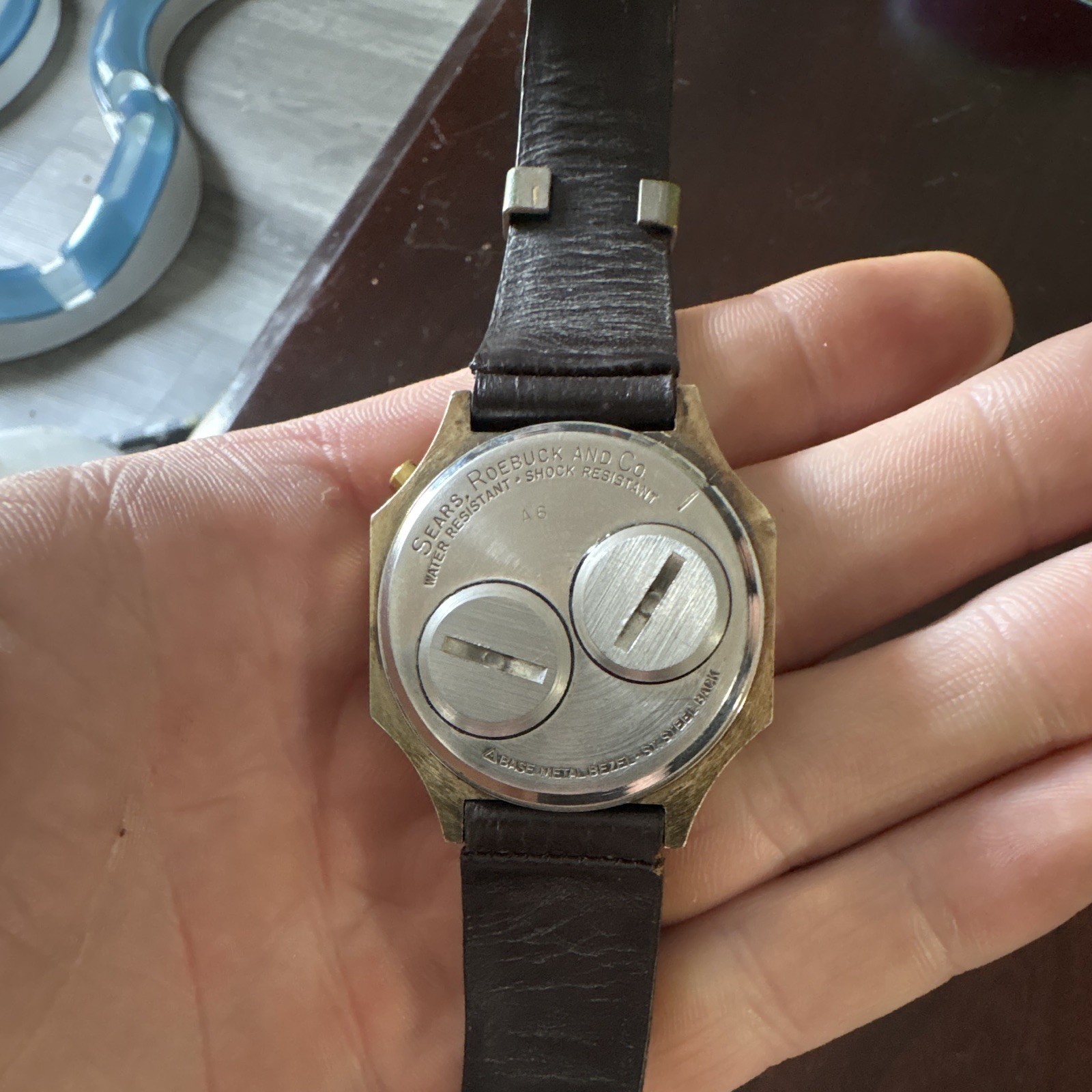 Sears Roebuck Vintage 1970s Digital LED Watch Gold Rect Case Black Leather