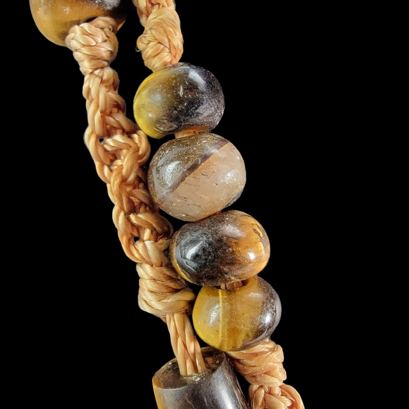1970s Bohemian Macrame Silk Cord Necklace Double Strand Tiger Eye Beaded 38″