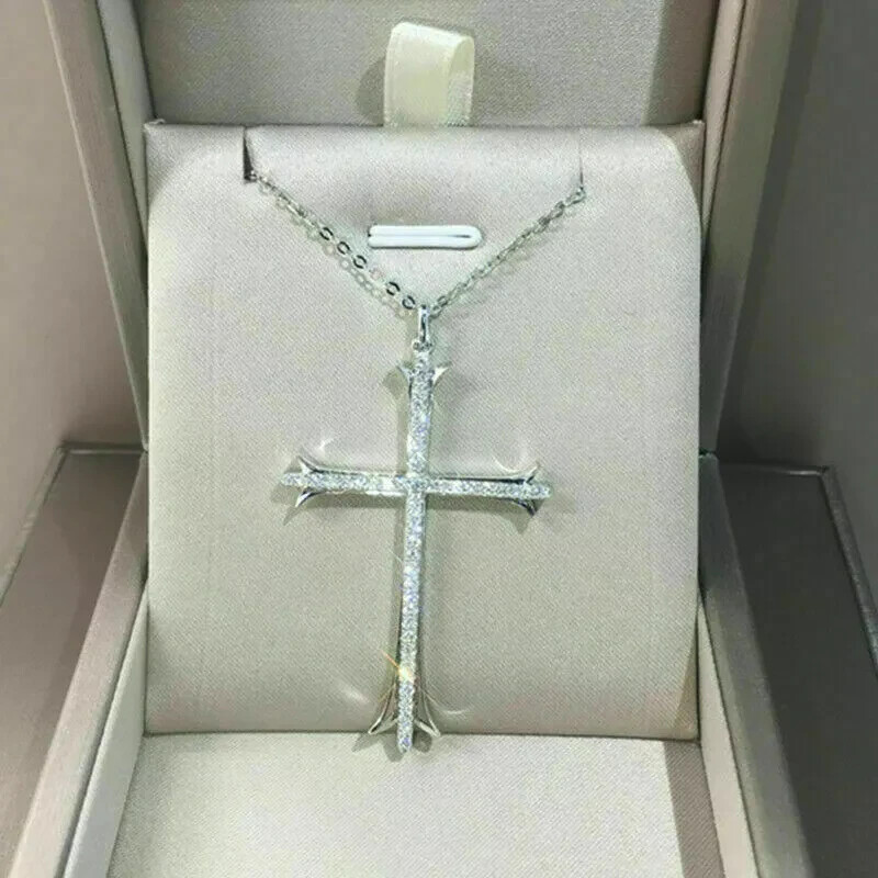 1.00Ct Round Cut VVS1 Diamond Cross Pendant 14K White Gold Finish Free Chain