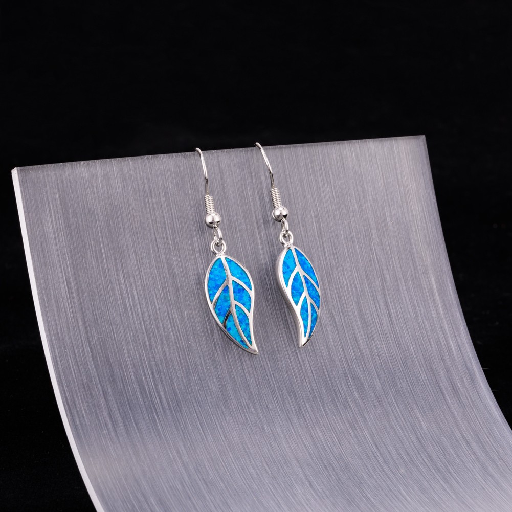 Nature Leaf Shape Ocean Blue Fire Opal Silver Jewelry Dangle Drop Earrings