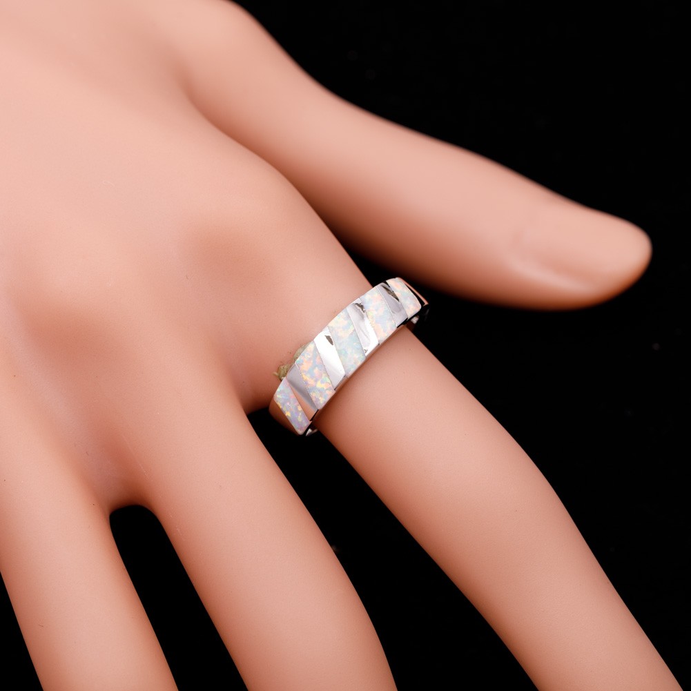 Diagonal Stripes White Fire Opal Silver Jewelry Women Band Ring Size 6 7 8 9