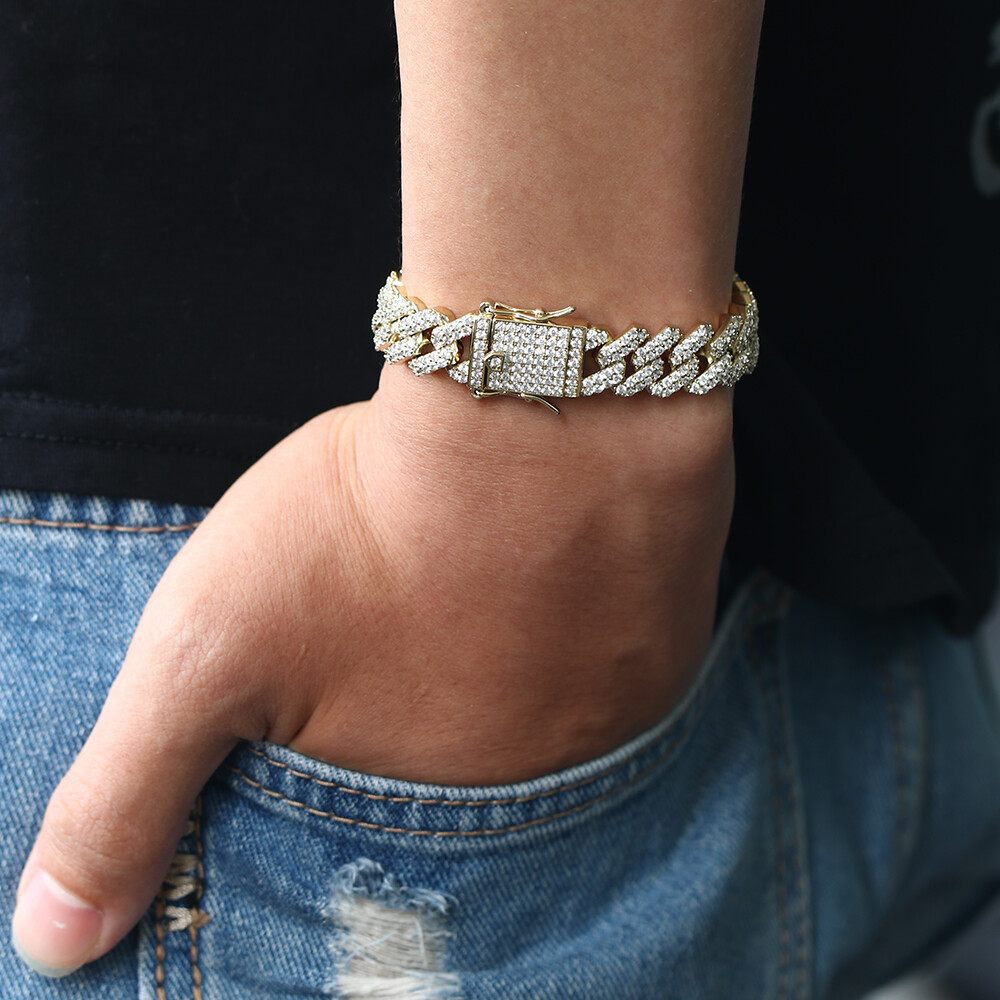White Gold Plated Iced CZ Out Stainless Steel Miami Cuban Link Bracelet Or Chain