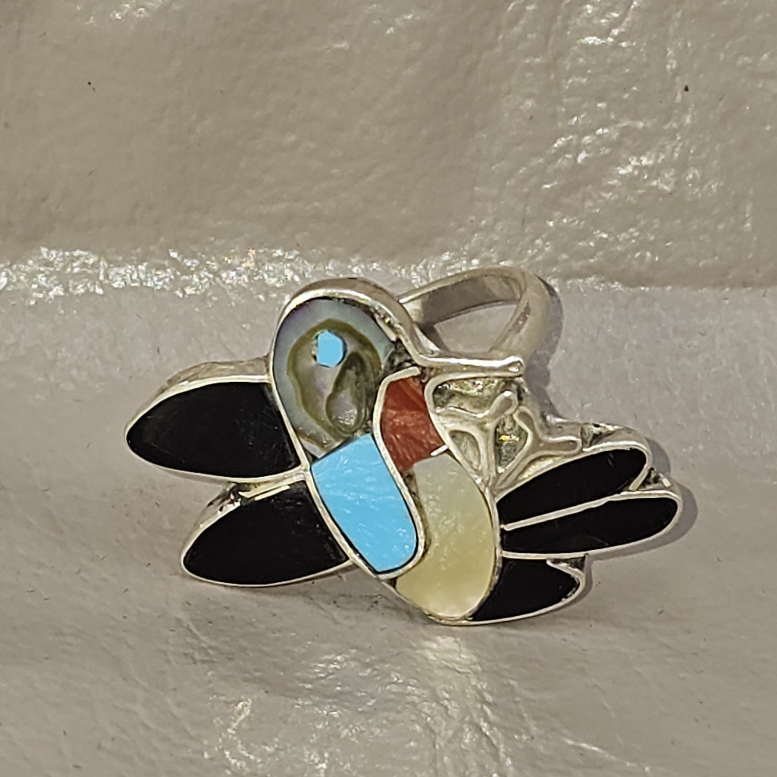 Native American ​Zuni Made Inlay Hummingbird Sterling Ring Multi Stone Size 7.75