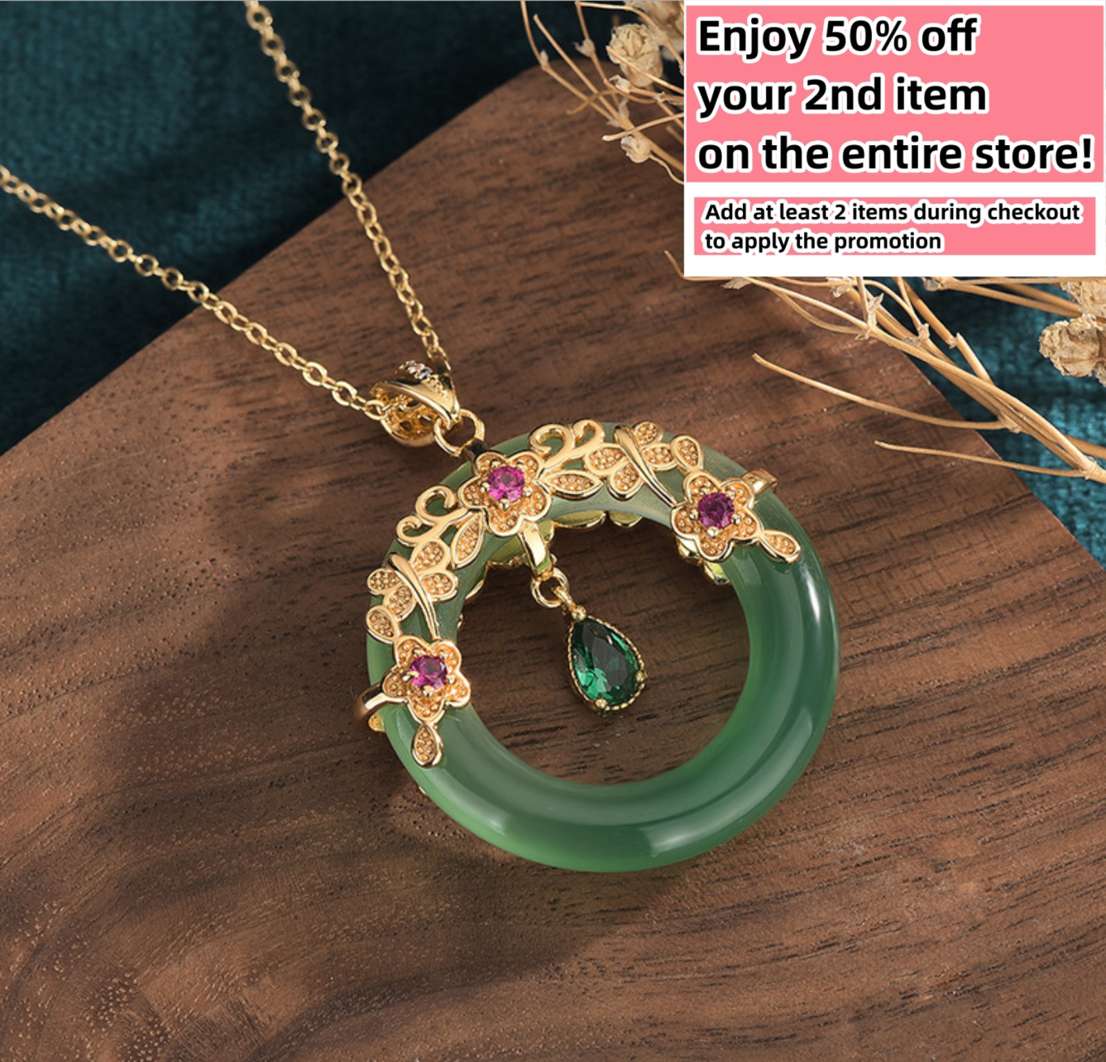 Jade Crystal Pendant Necklace Charm 18K Gold Plated Donut Ring Dainty Gemstone