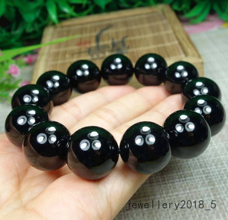 Certified Black Green Burma 100% natural A jadeite jade Bead Bracelets墨翠18mm圆珠手链