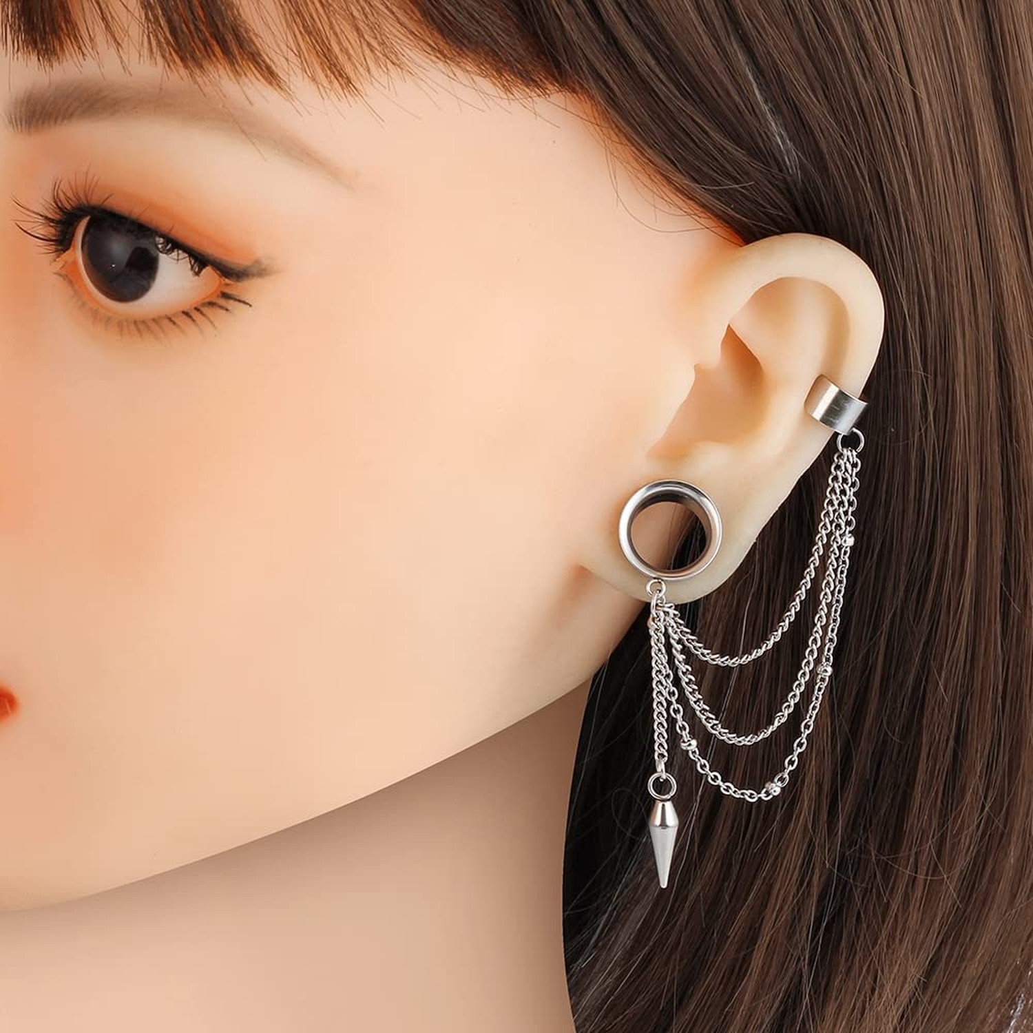 2PCS 6mm-25mm (2G-1″) Trendy Cuff Clip Triple Chain Dangle Ear Plugs Gauges S…