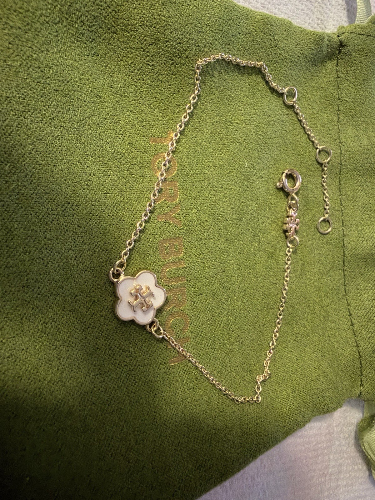 Tory Burch Delicate Chain Bracelet White Enamel Logo Flower