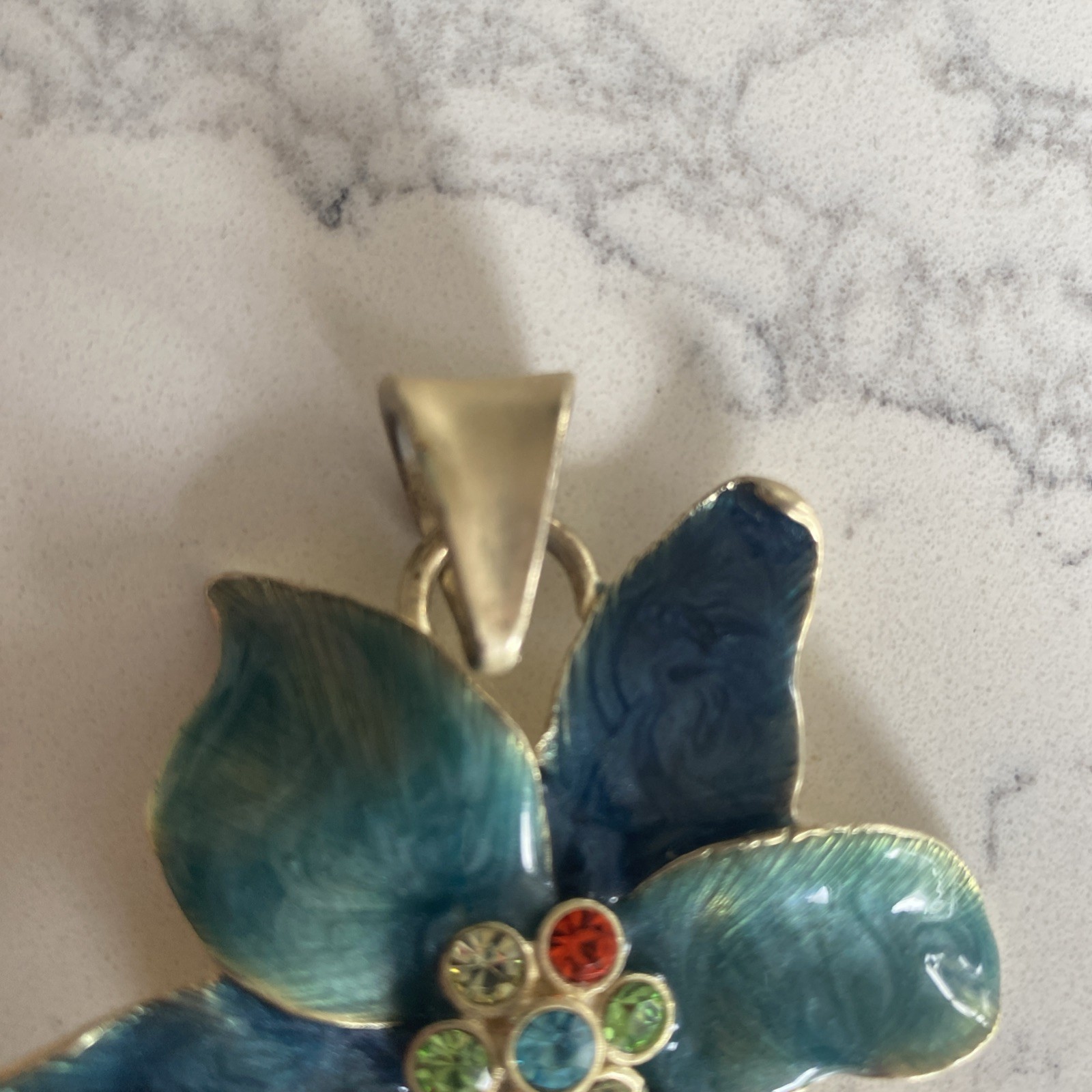 Vtg Enamel Flower Pendant – Blue Green – Gold Tone Back 7 multi color crystals