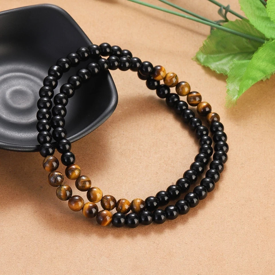 Men’s Black Obsidian & Tiger Eye Stone Beaded Necklace 24″ Natural Stone Jewelry