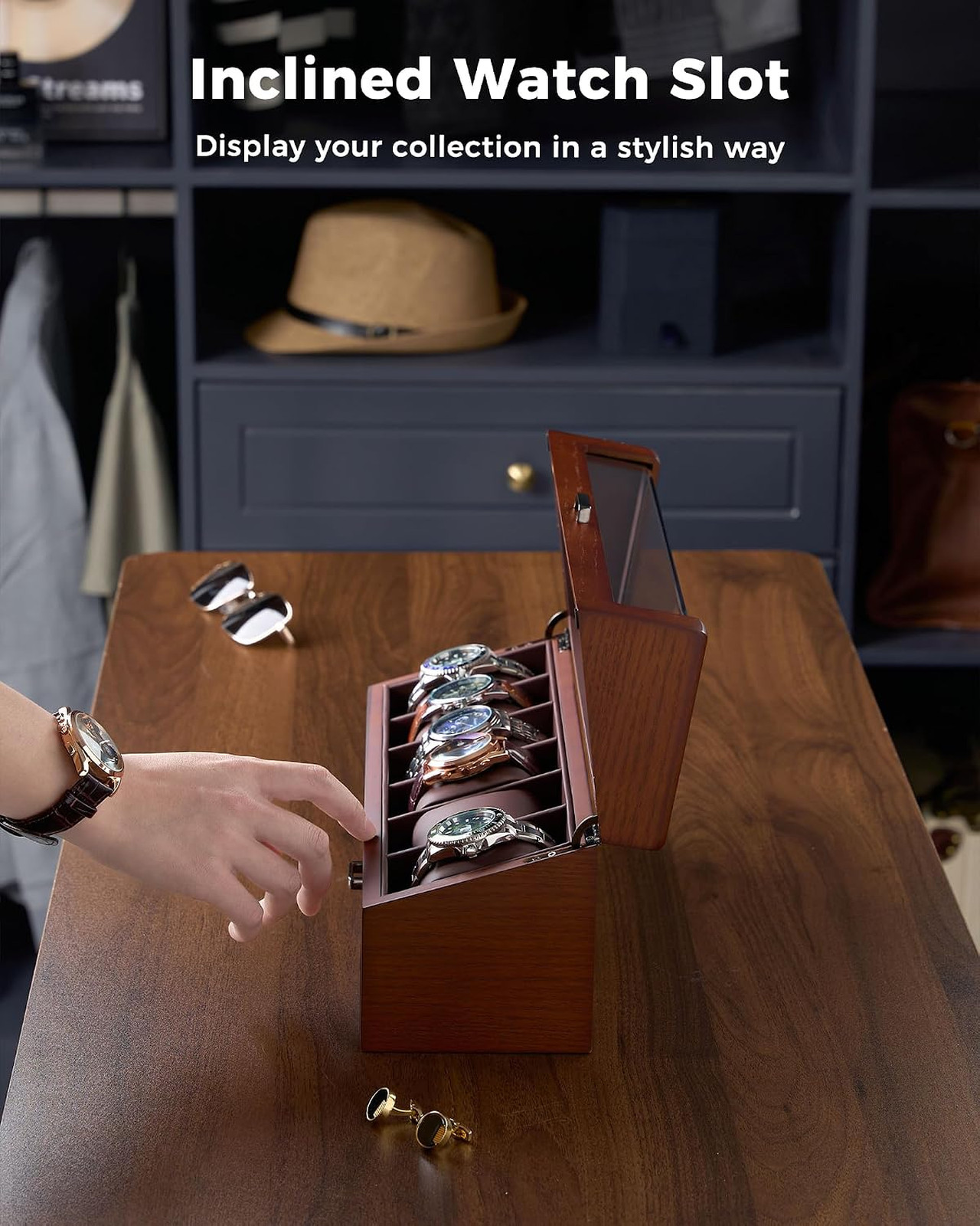 Wooden Watch Box for Men with Drawer, 6 Slot Jewelry Organizer Case, Walnut