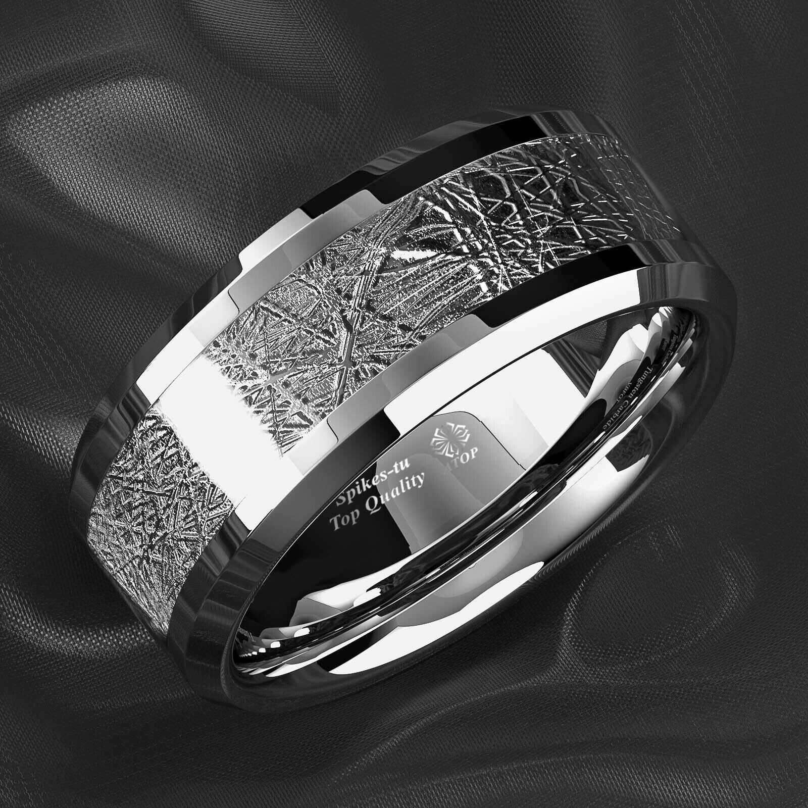 8mm Silver Tungsten Carbide Ring Sterling Silver Inlay Wedding Band ATOP jewelry
