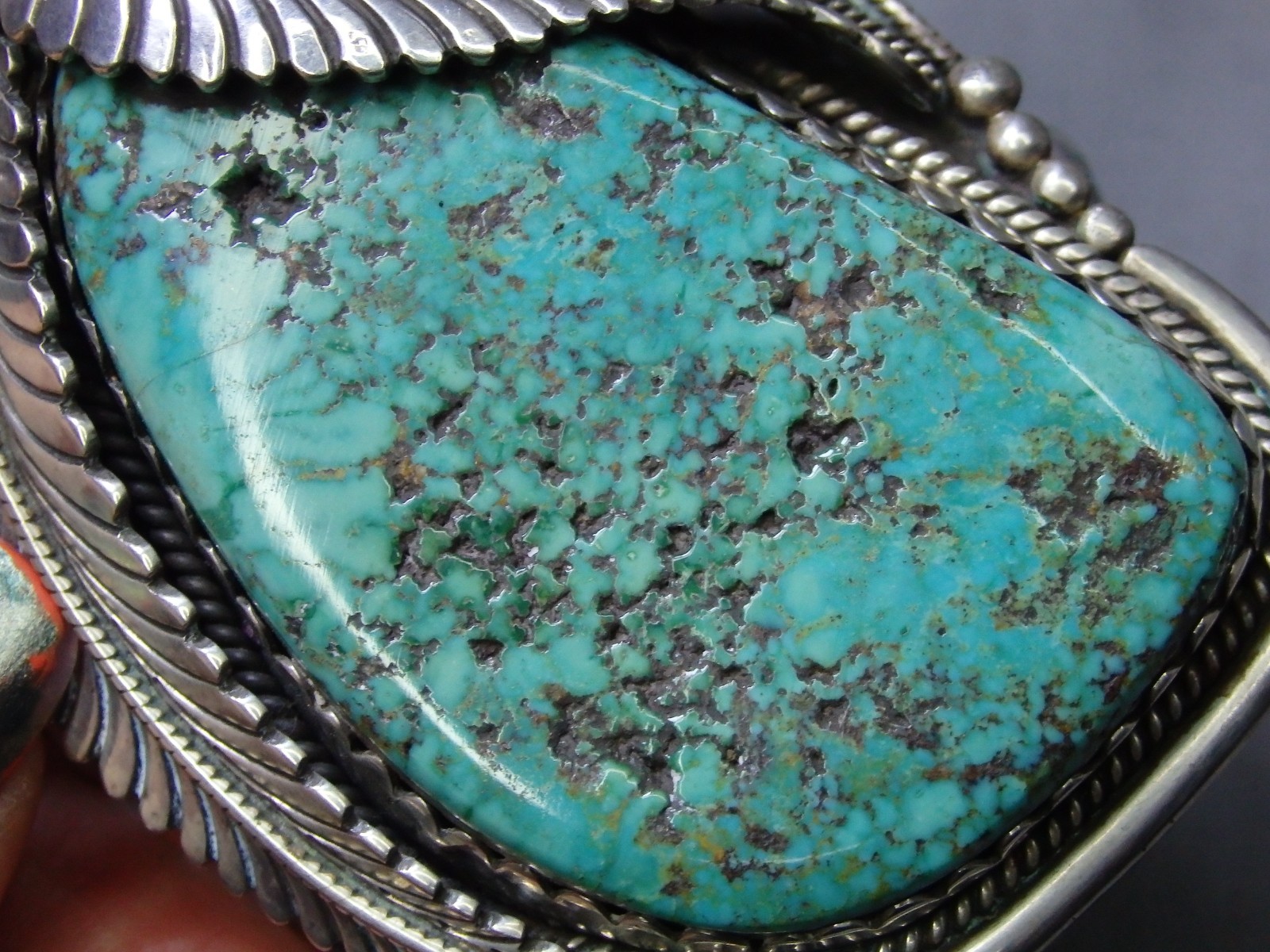 NAVAJO D. Lister KINGMAN TURQUOISE Sterling Silver SQUASH BLOSSOM 110g Bracelet