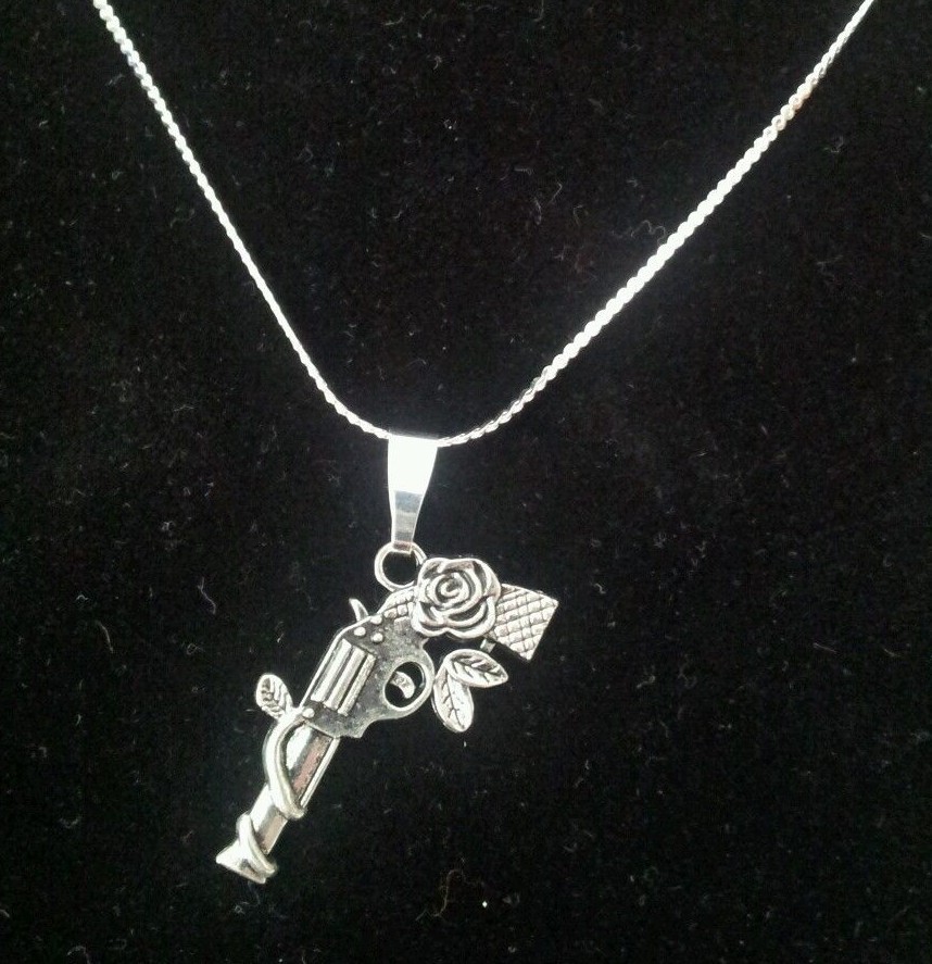 Gun Revolver Pistol Rose Fashion Charm on Silver Necklace