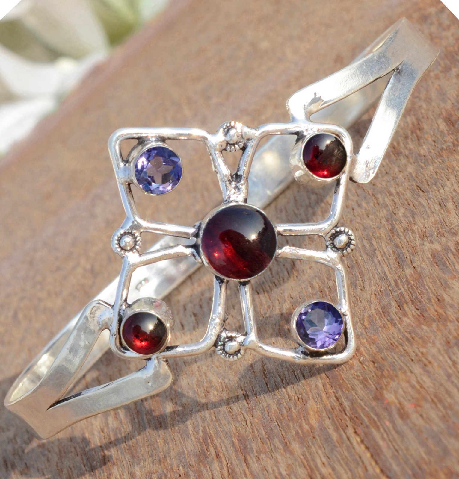 Mozambique Garnet Amethyst Cut Gemstone 925 Sterling Silver Stylish Bangle Cuff