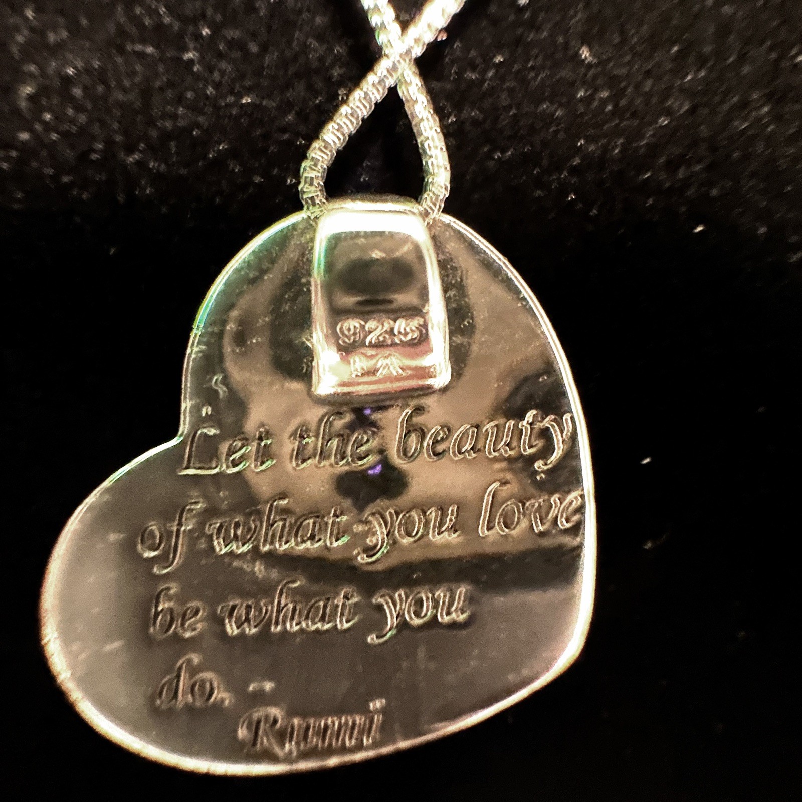 925 Silver Heart Necklace Rumi Quote “Let the Beauty of What You Love”