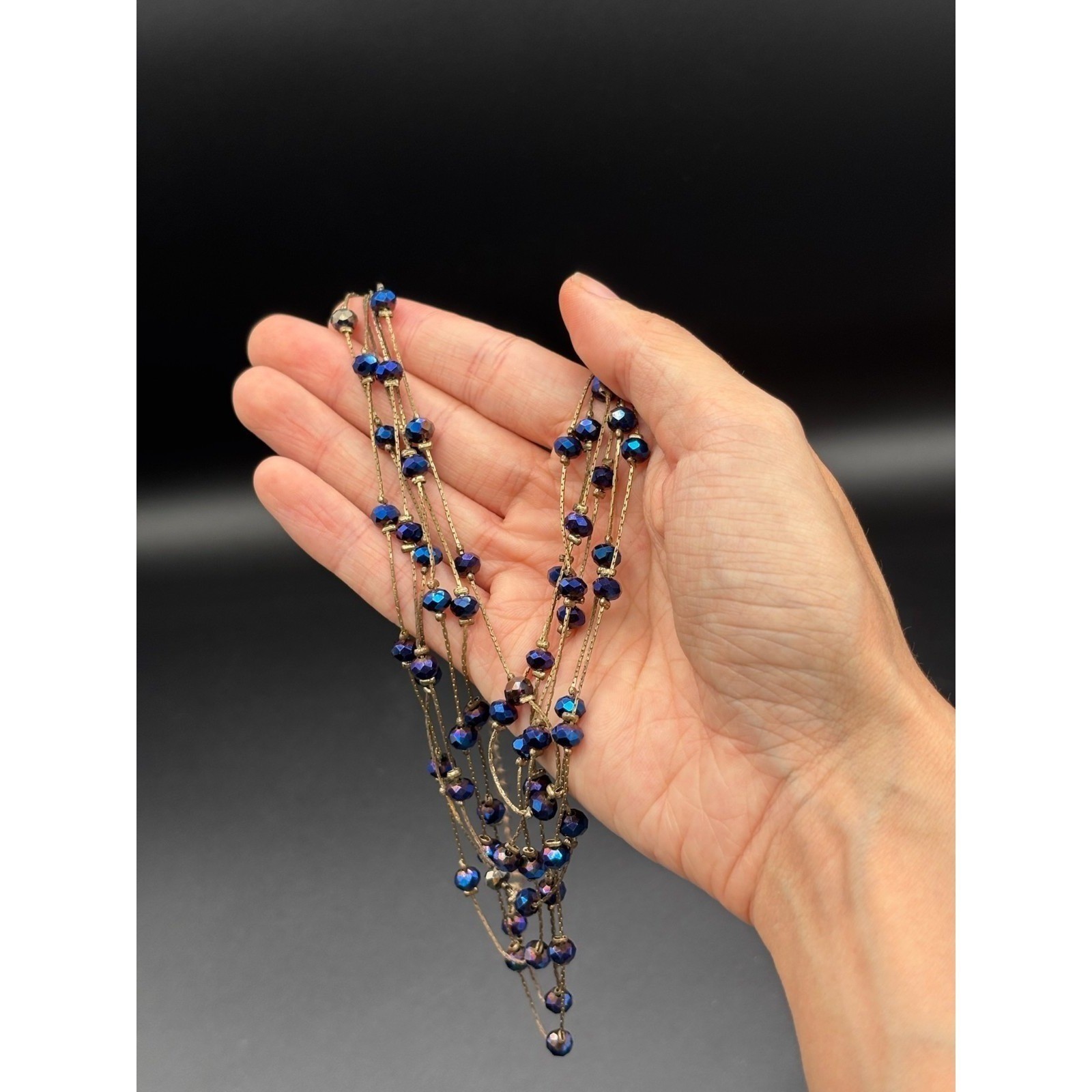 Vintage Multi-Strand Gold Silk Thread Iridescent Blue Glass Beads Several Layer