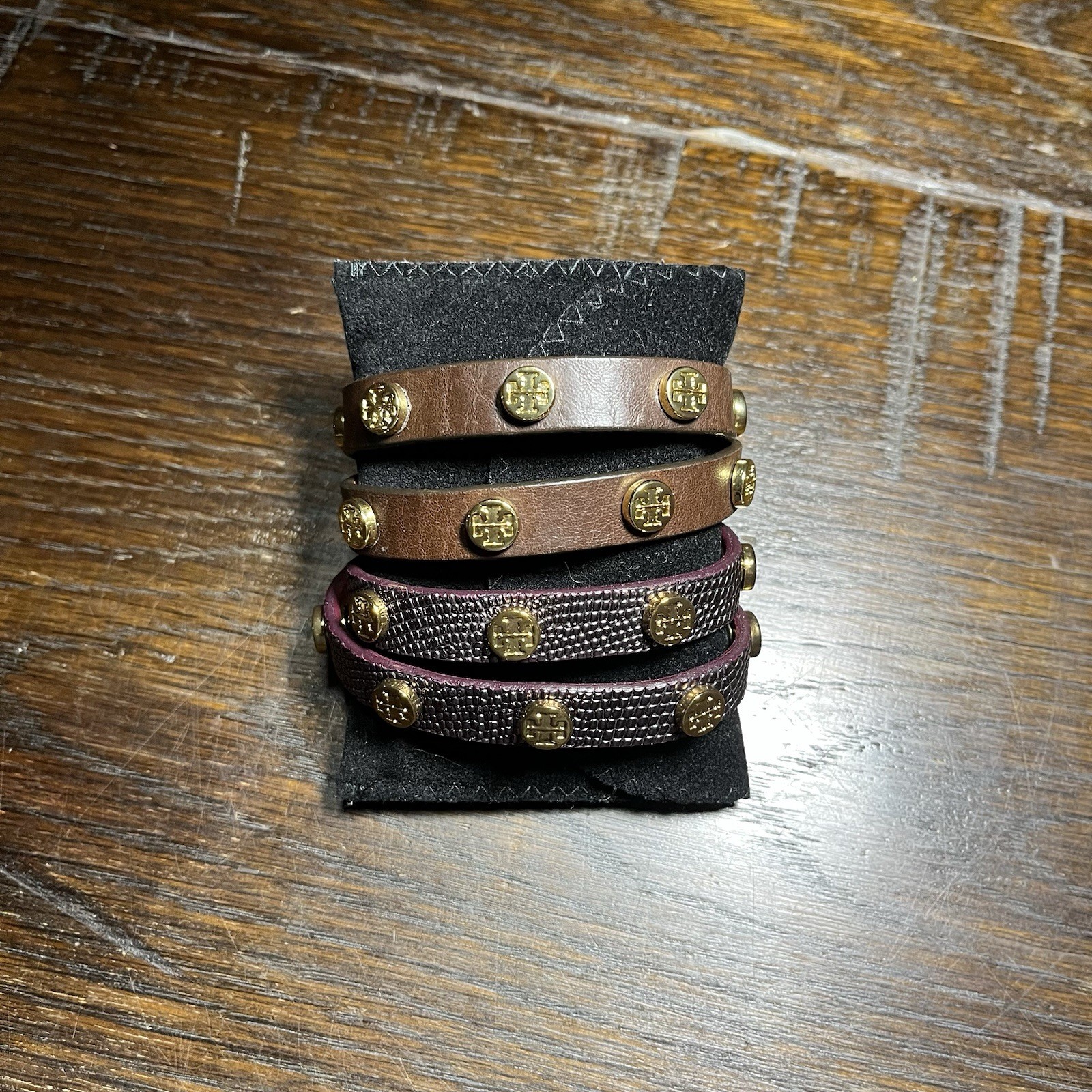 Tory Burch Bracelet Set of 2 Leather Double Wrap Logo Stud Adjustable USA Made