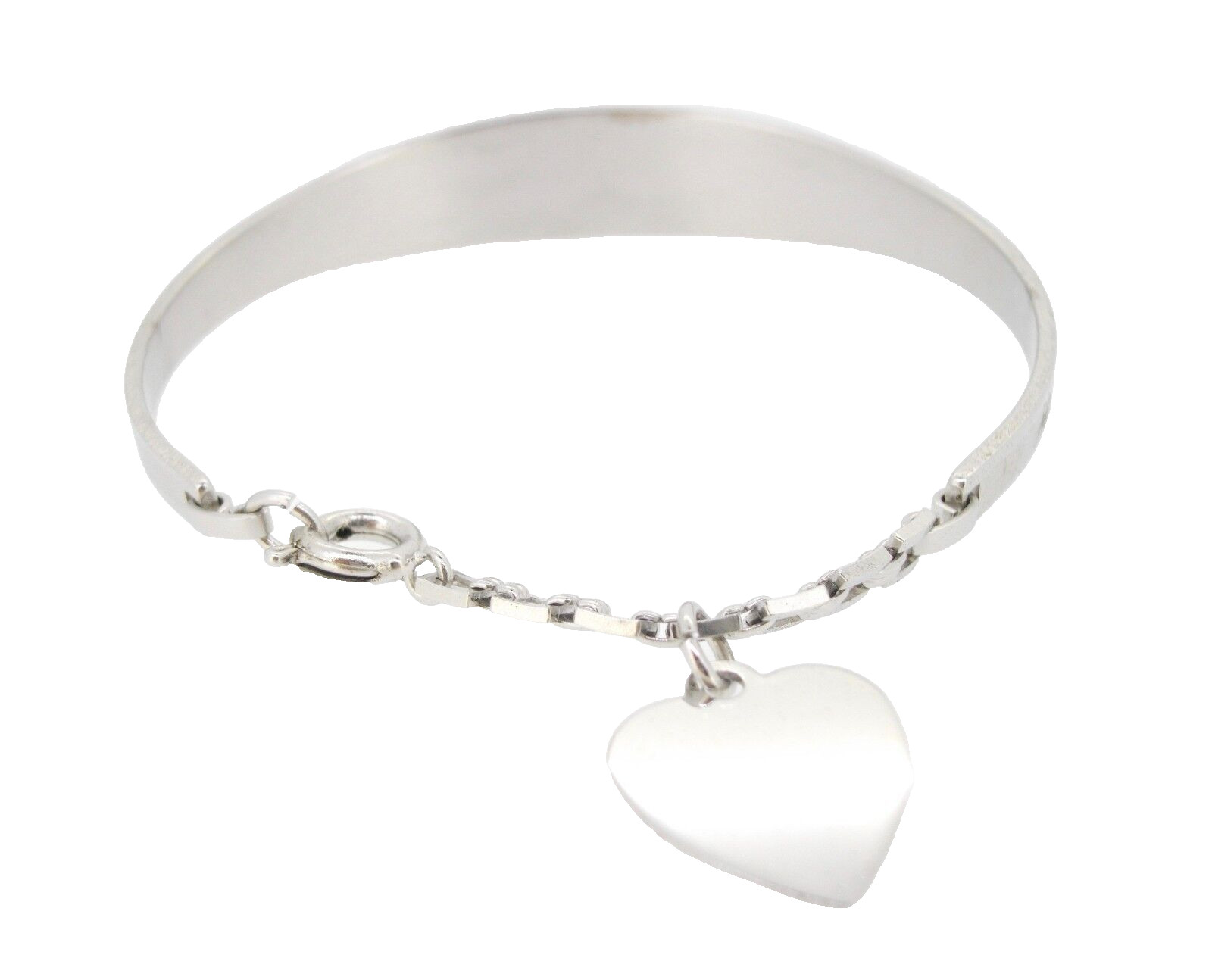 Bracelet JB cuff silvertone ID identification with chain and heart charm dangle