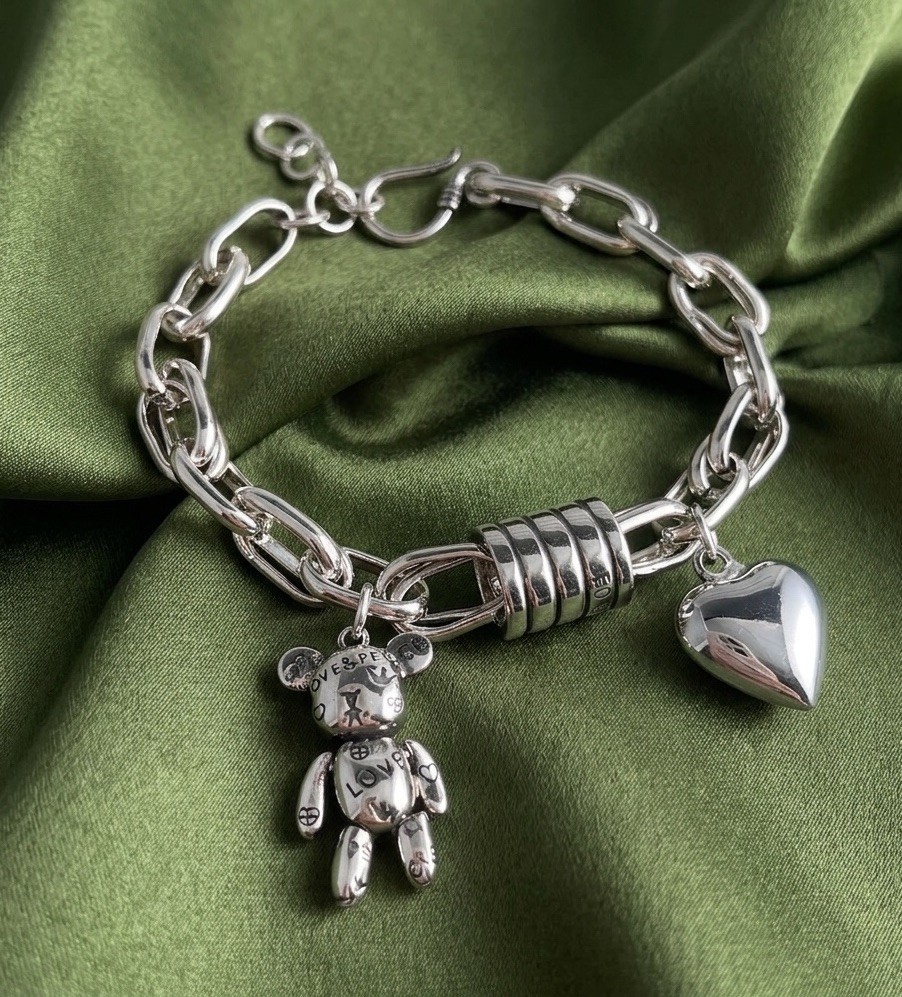 Silver Teddy Bear Heart Charm Bracelet Y2K Tous STYLE Boho Chain Love Peace VTG