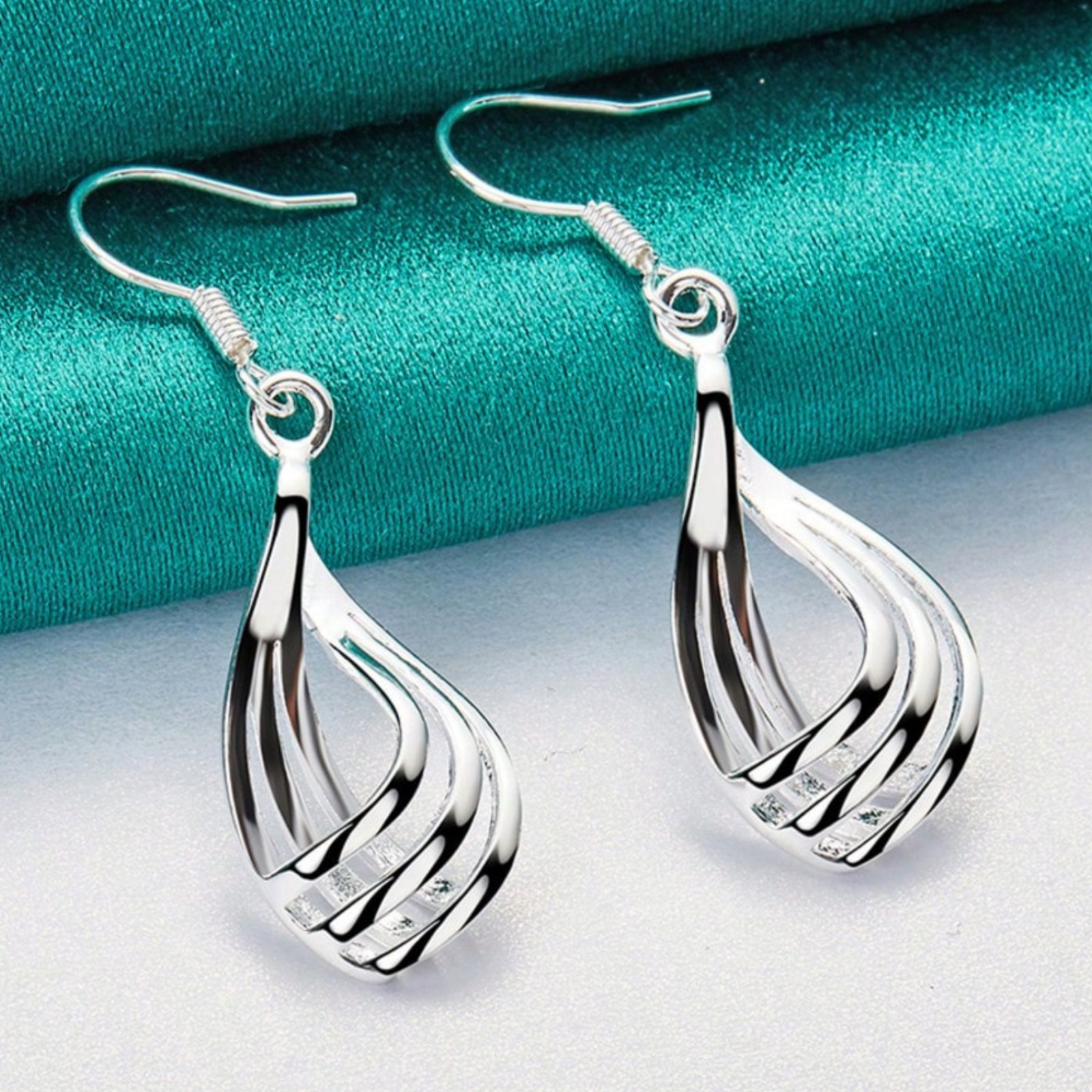 925 Sterling Silver Plated Teardrop Dangle Earrings Twisted Wave Women Jewelry