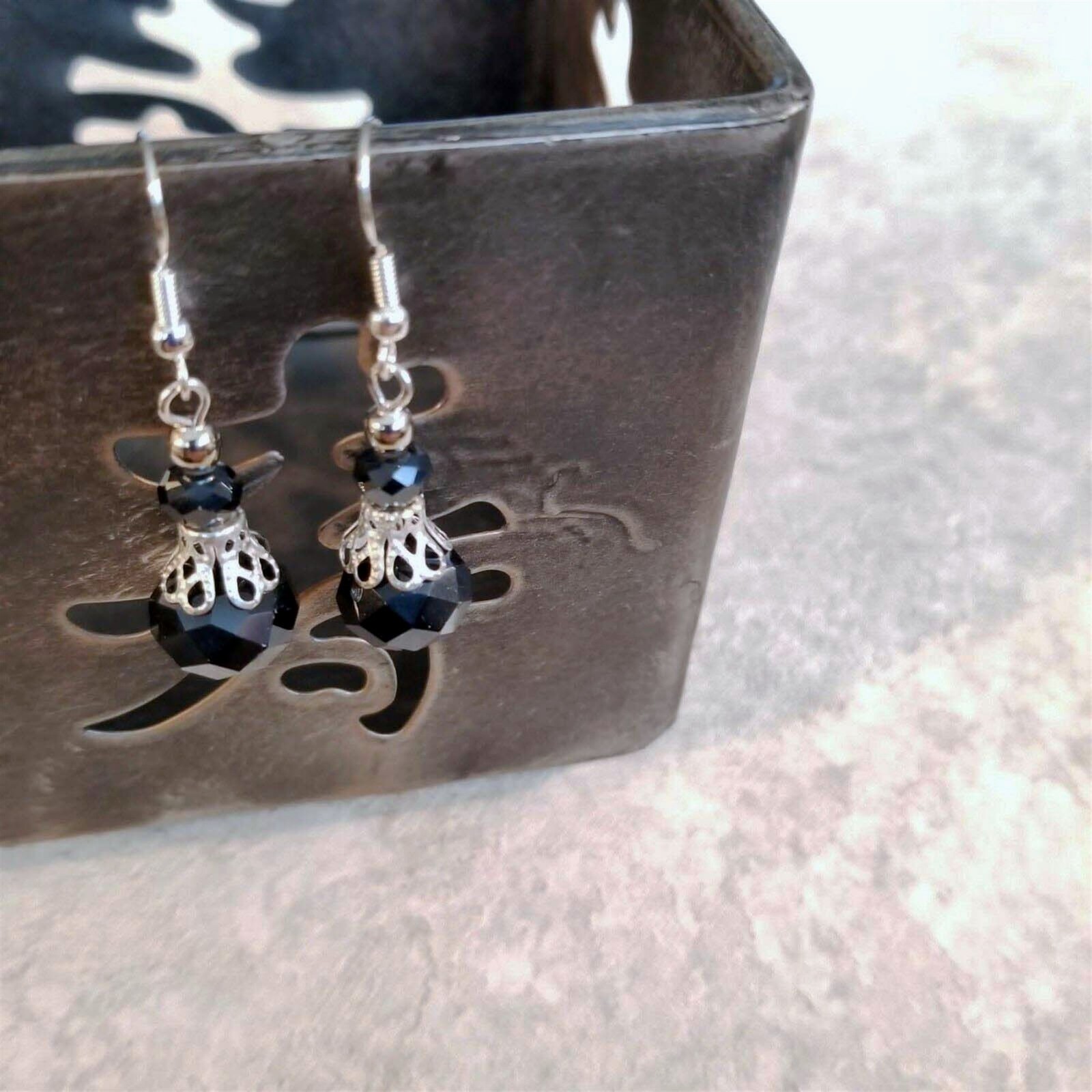 Victorian Black Crystal Silver Filigree Basket Handcrafted Earrings