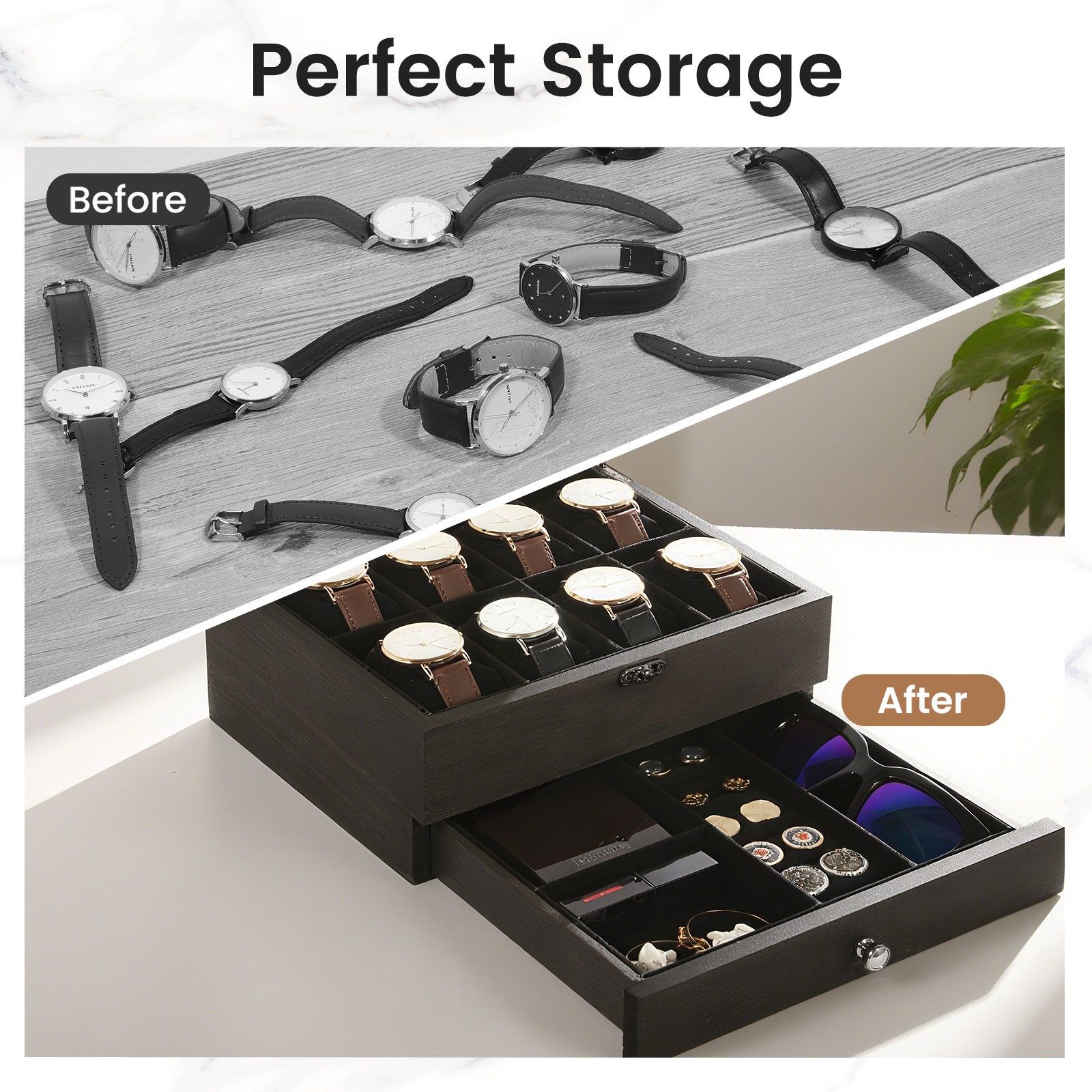8 Slots Watch Box Solid Wood Watch Case Glass Lid Jewelry Storage Display Case