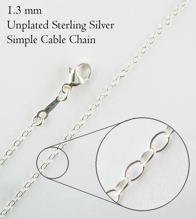 1.3 mm Cable Chain Necklace Plain Links Unplated Sterling Silver Thin Delicate