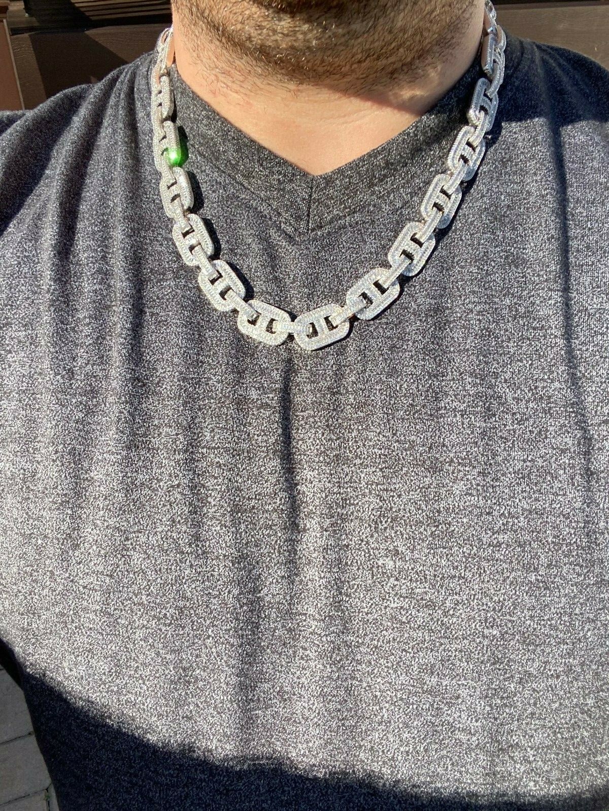 Solid 925 Sterling Silver Baguette Gucci Link Chain Iced 15mm Thick Bust Down CZ