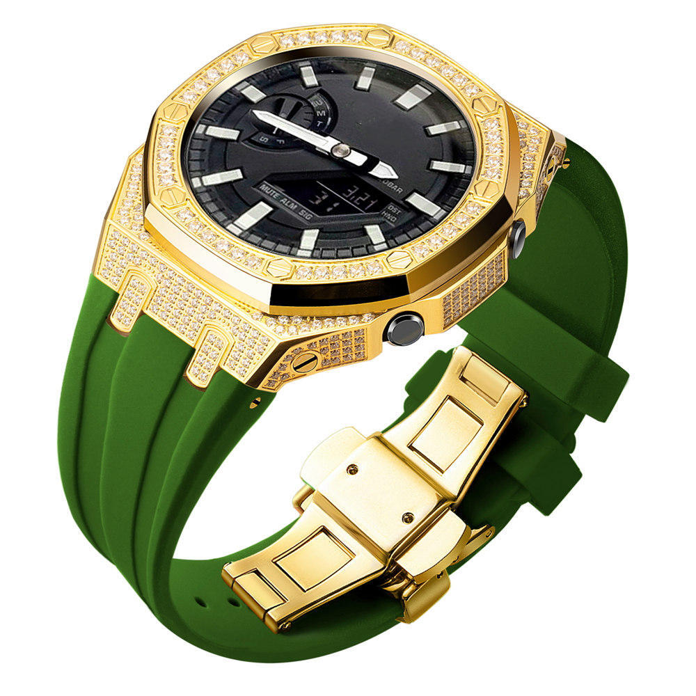 Bling Diamond Stainless Steel Case + Rubber Strap AP MOD KIT for G-SHOCK GA-2100