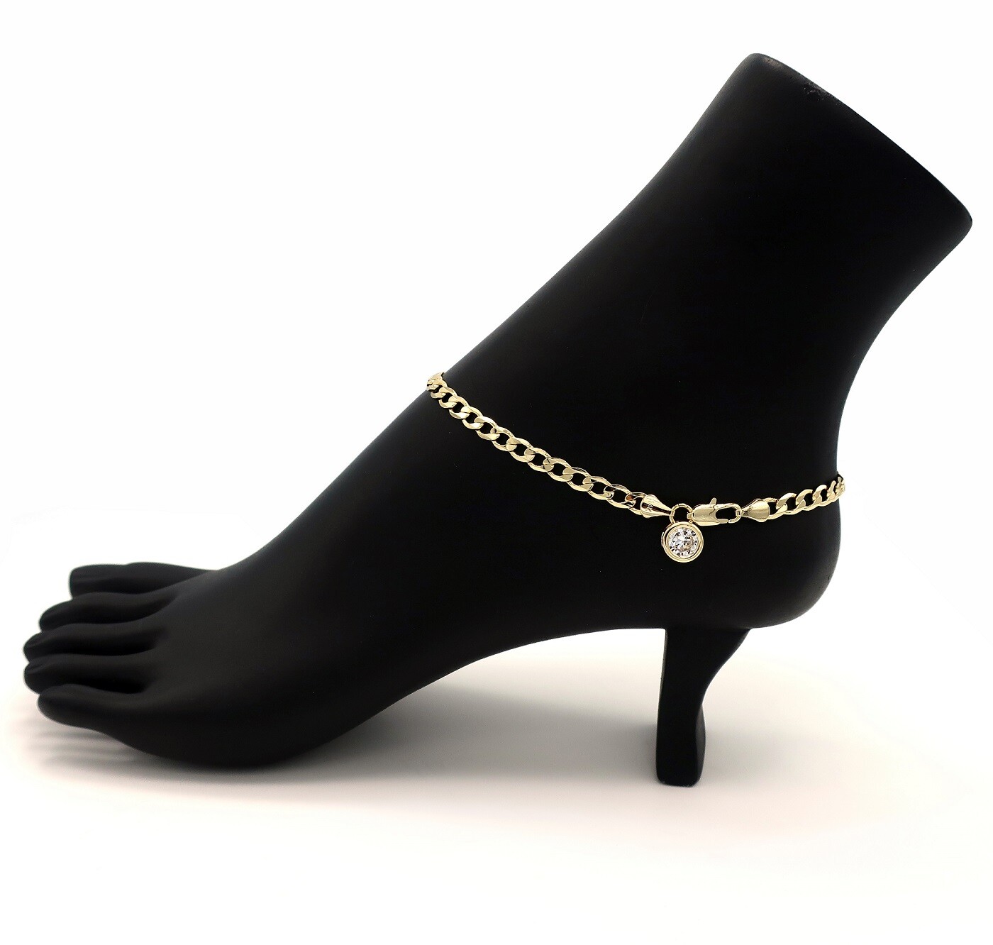 10″ ITALIAN CUBAN LINK CHAIN ANKLET 5mm CUBIC ZIRCONIA BRACELET 14K GOLD PLATED