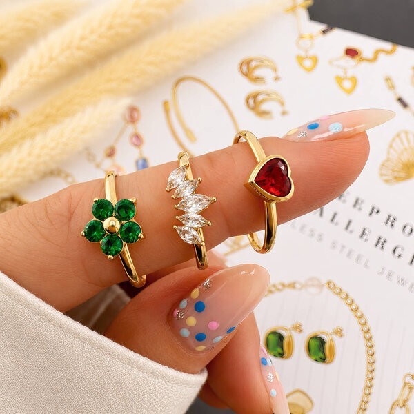 18K Gold Plated Adjustable Leaf Ring CZ Stainless Steel Waterproof Hypoallergeni