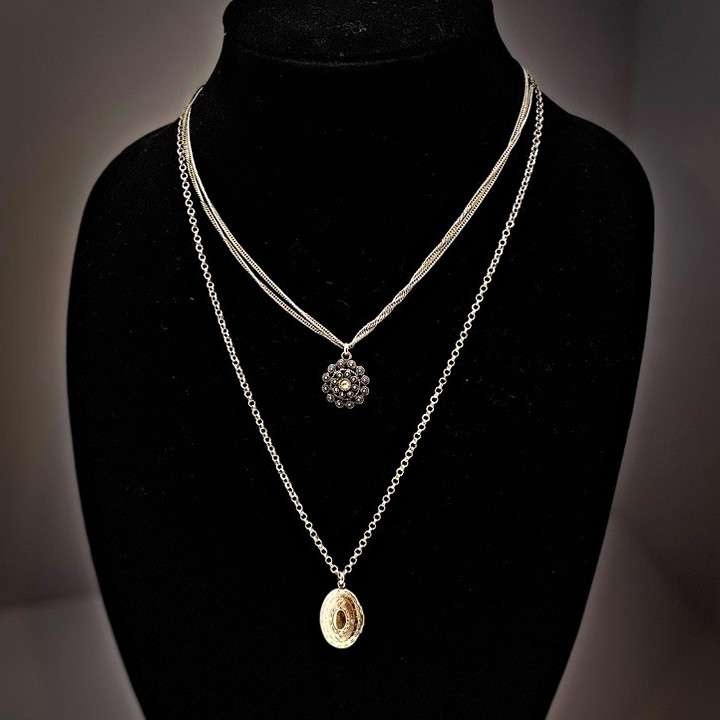 Vintage Silver Tone Multi Strand Layered Locket Necklace Floral Filigree Slide