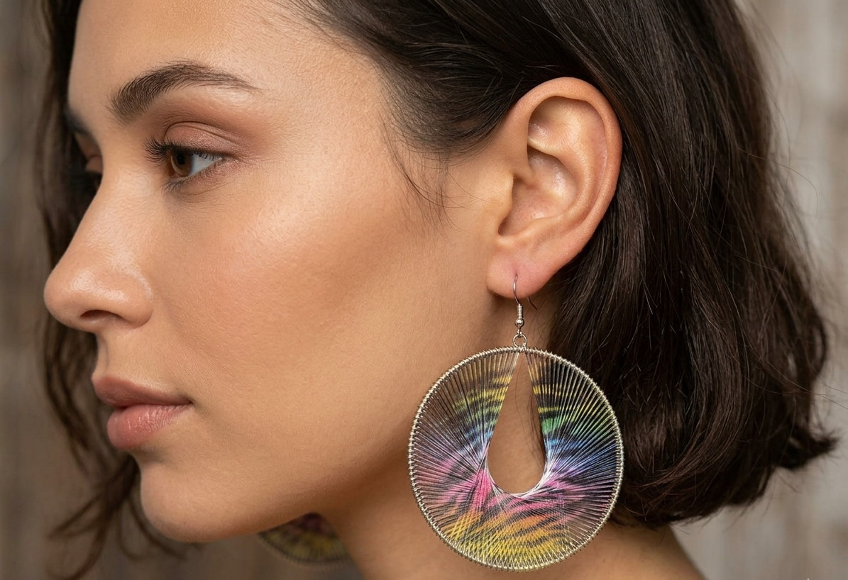 Boho String-Wrapped Geometric Wire Hoop Peruvian Style Rainbow Earrings