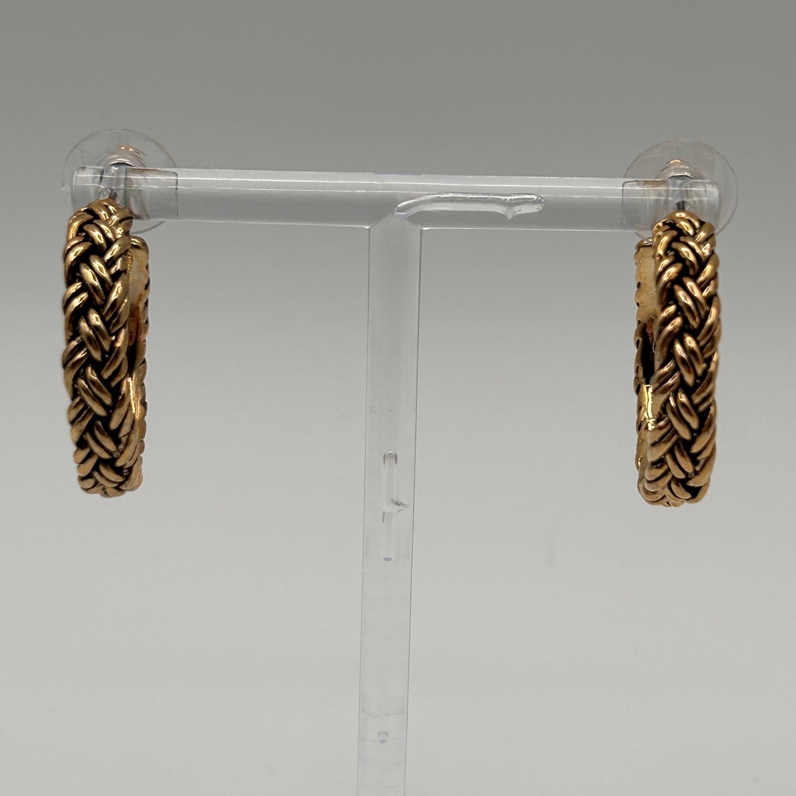 Gold Tone Braided Wheat Chain Hoop Pierced Earrings Textured 1″