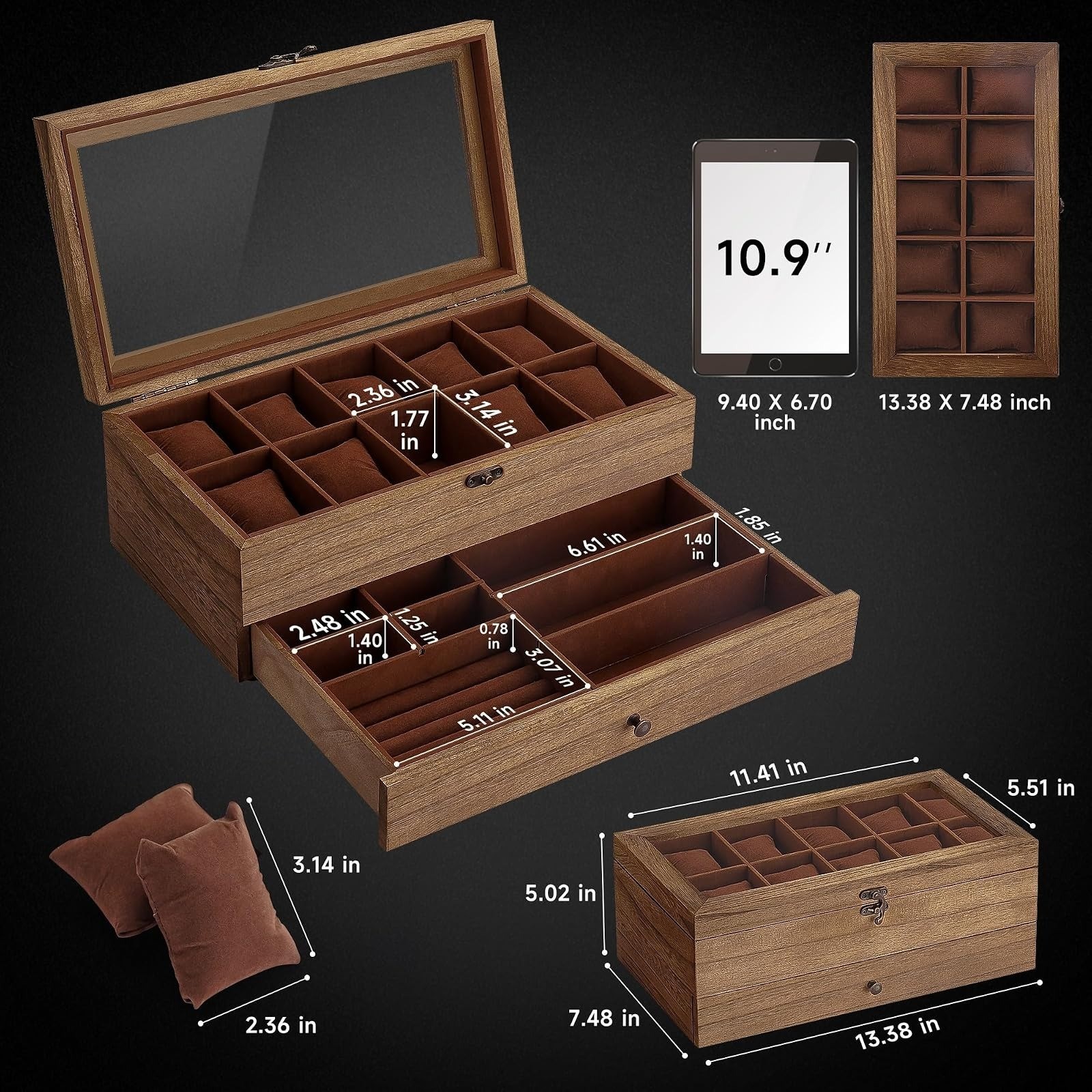 GALHUBIS Watch Box for Large Dial Watches, 10 Slots, Jewelry Organizer