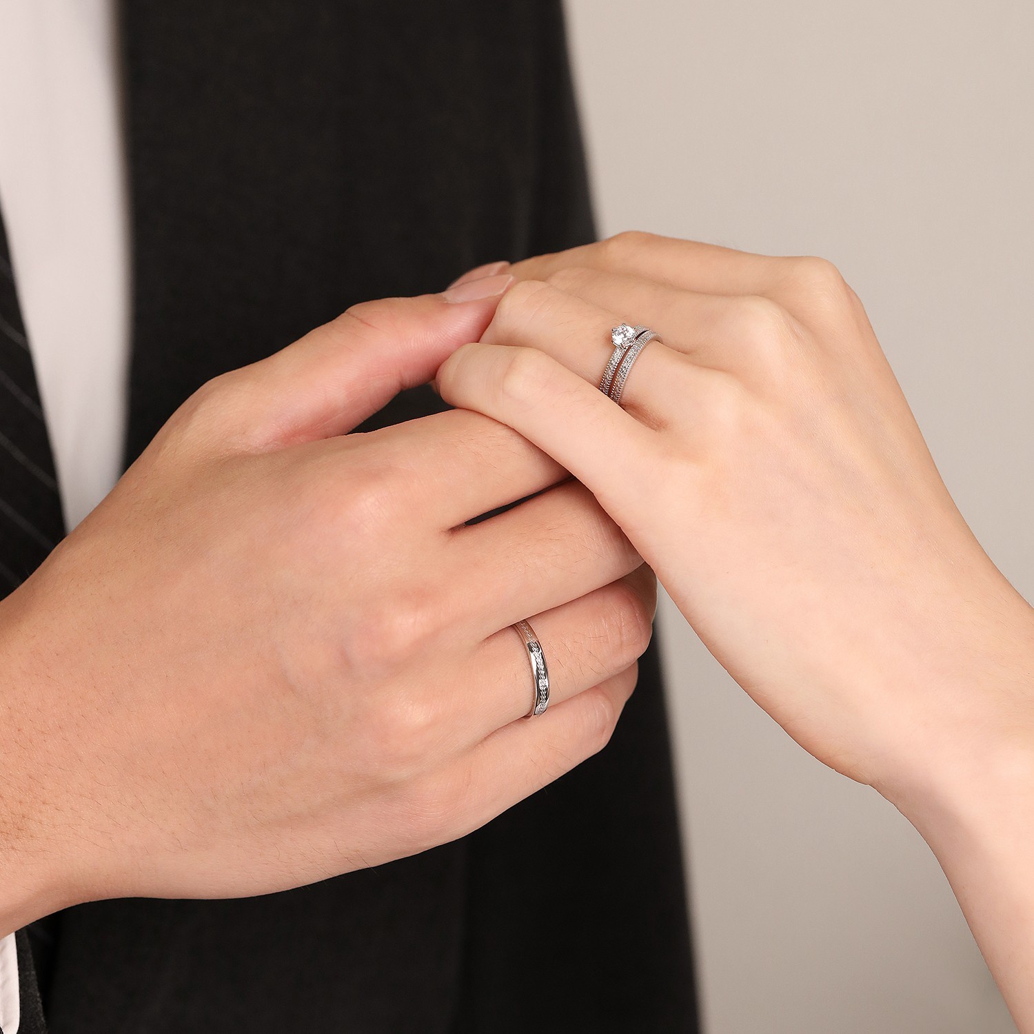 Meissa S925 Silver CZ Couple Ring Set of 3 Engagement Promise Anniversary Rings